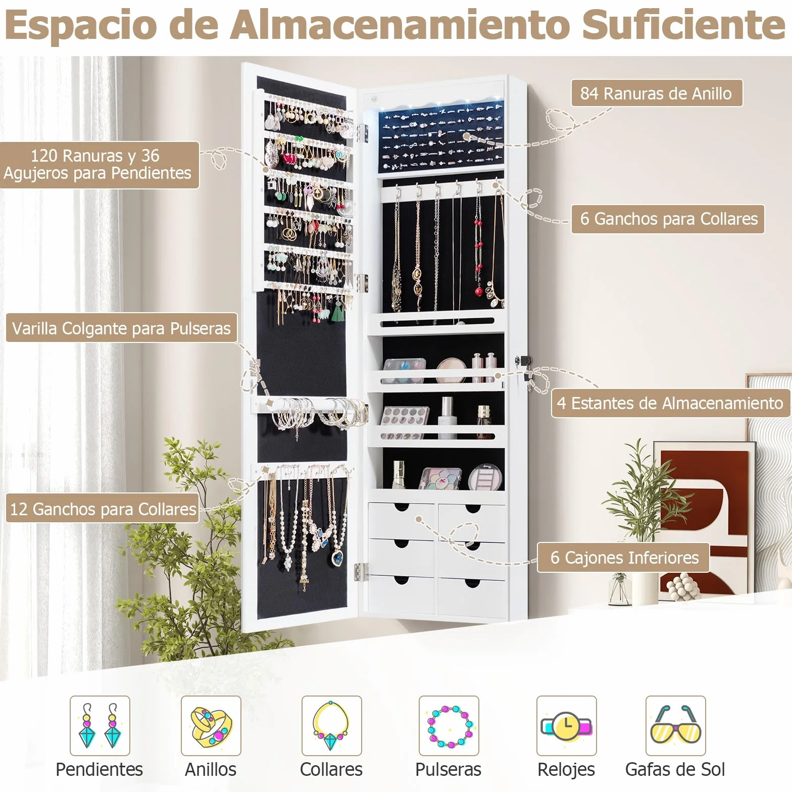 GIANTEX Armario de Joyas con Espejo de Cuerpo Entero, Armario Joyero con Cerradura y 5 LED, Montado en la Pared o en la Puerta, 36,5x11,5x120cm, para Pendientes, Anillos, Collares y Pulseras, Blanco