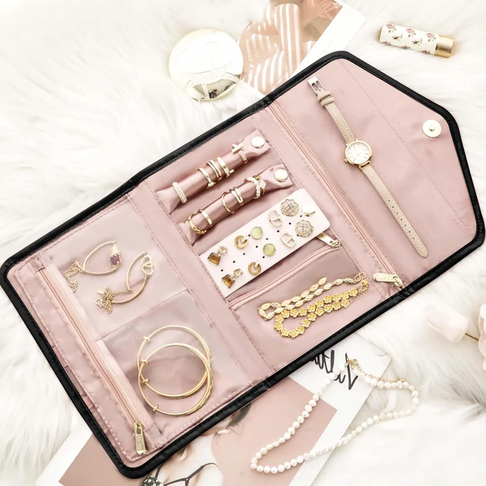 Organizador de Joyería Plegable Joyería Estuche Cuero Impermeable,Joyeros Enrollables Viaje,Rollo Organizador para Joyas de Viaje Bolsa Rollo de Joyas para Collares Pendientes Anillos Pulsera (Negro)
