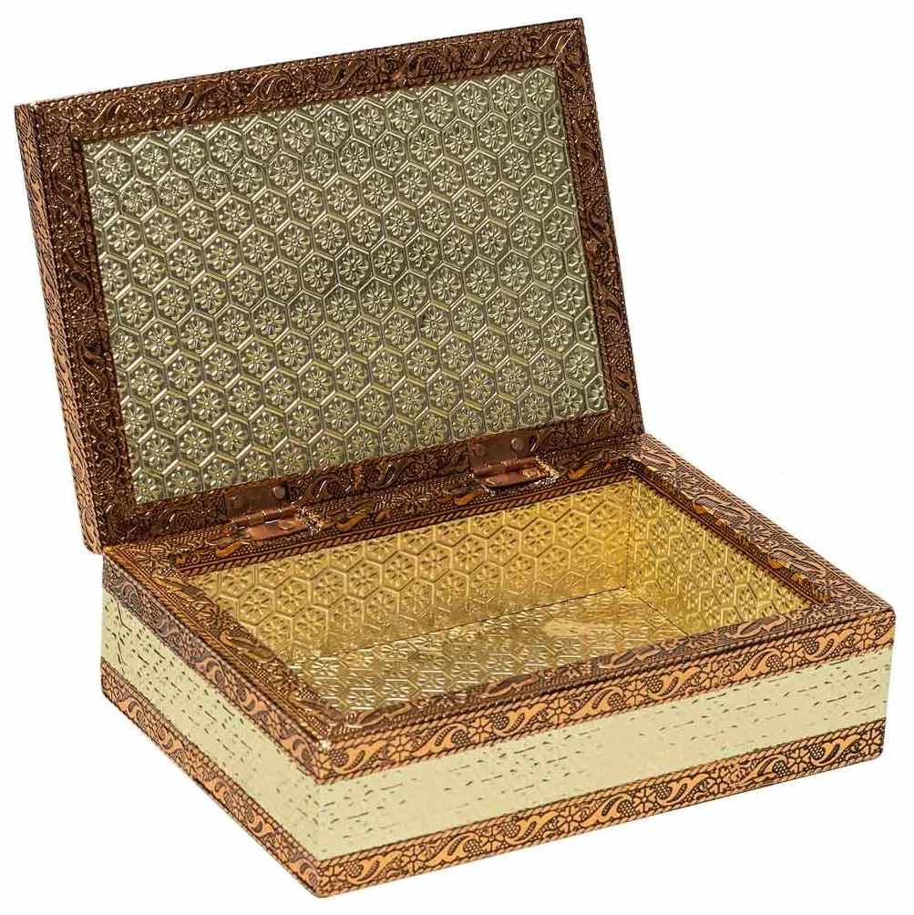 Joyero de metal repujado color cobre 17,5x12,5x6 cm