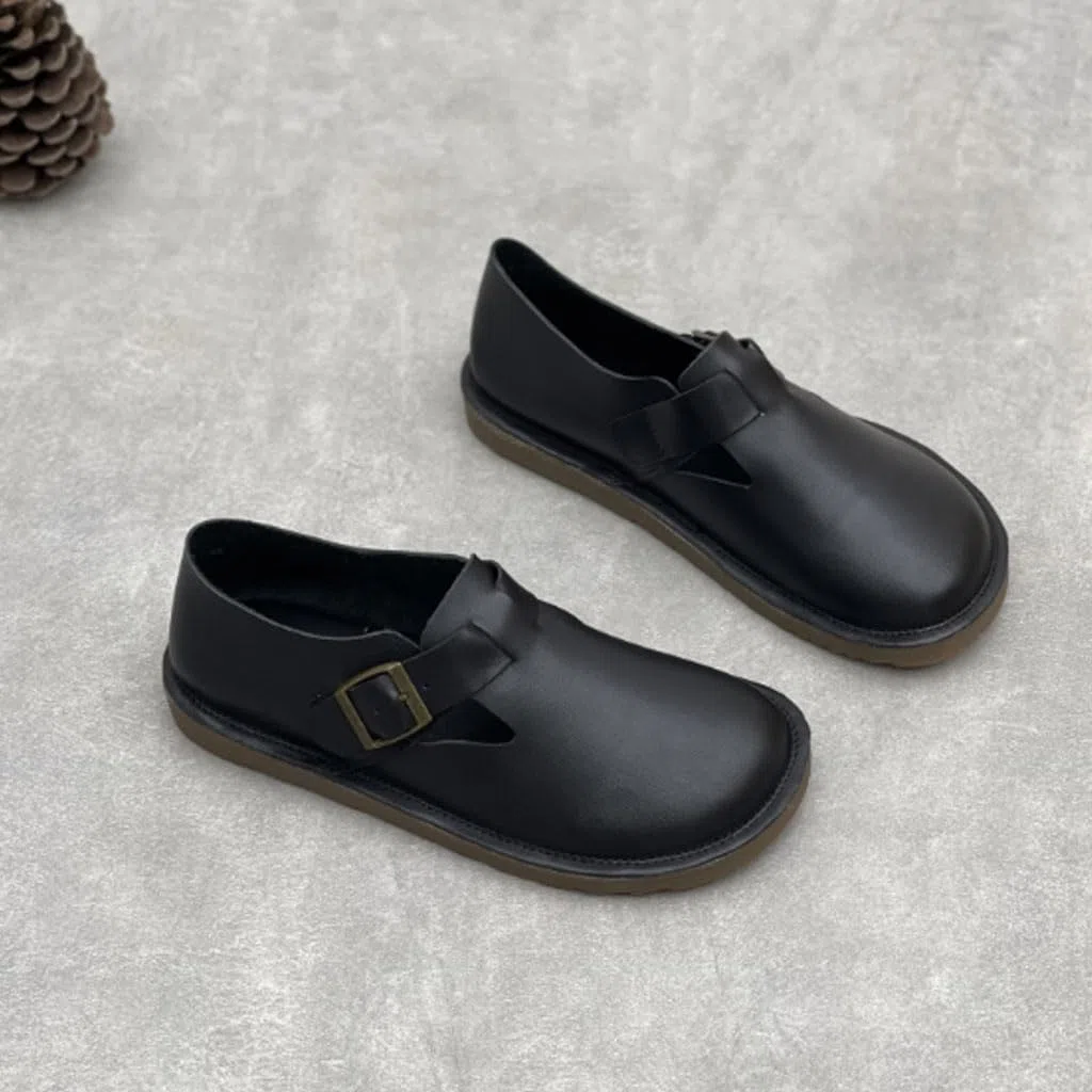 Zapatillas Mujer Planos Piel Auténtica Hebilla Punta Estilo Vintage