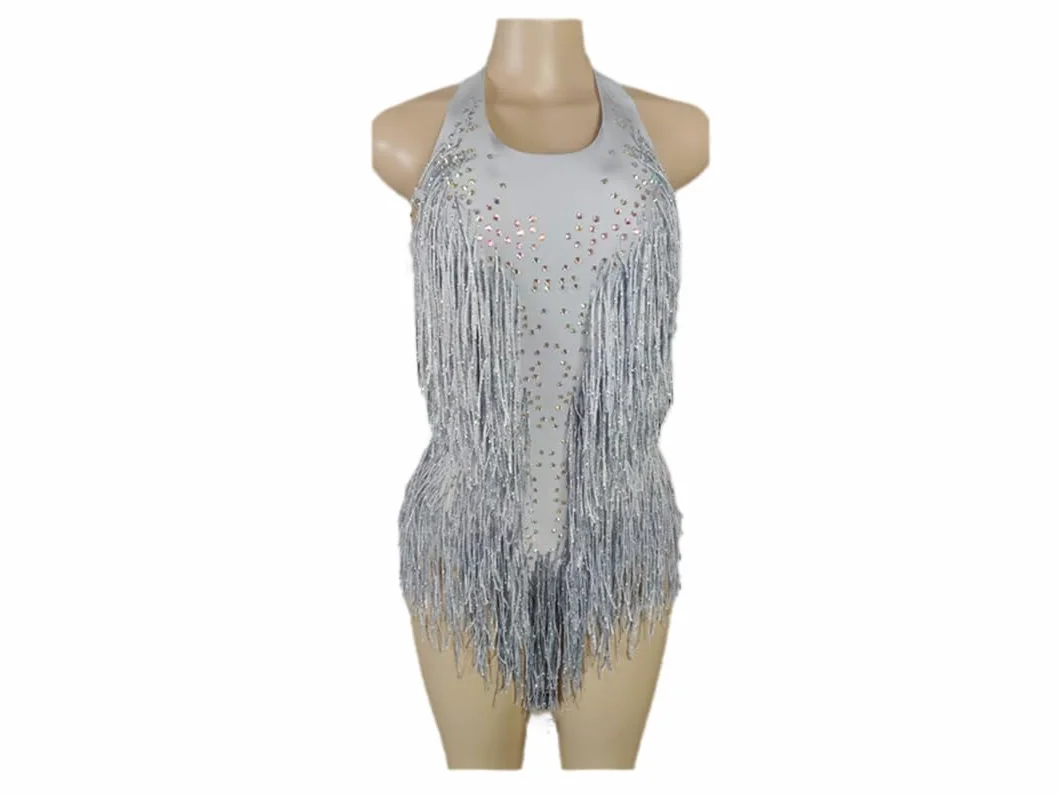 Body sexy con flecos de cristales brillantes y borlas, traje de baile de jazz, ropa de una pieza para escenario