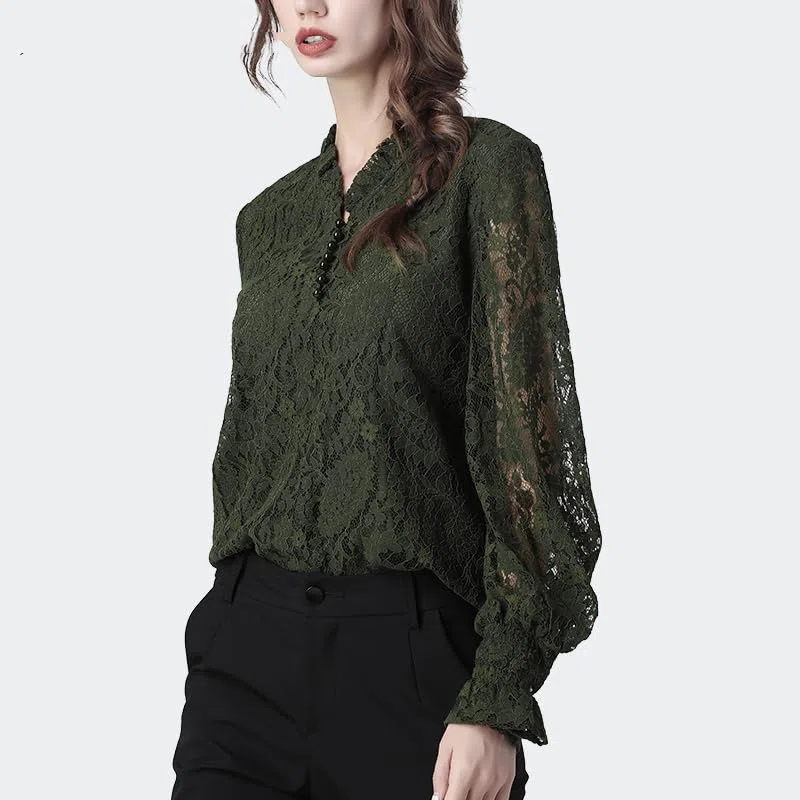 Blusas de Encaje Floral para Mujer Blusas de Malla de Manga Larga ahuecadas Blusa Holgada con Cuello en V con Volantes para Mujer Blusa Coreana de otoño (Negro XL)