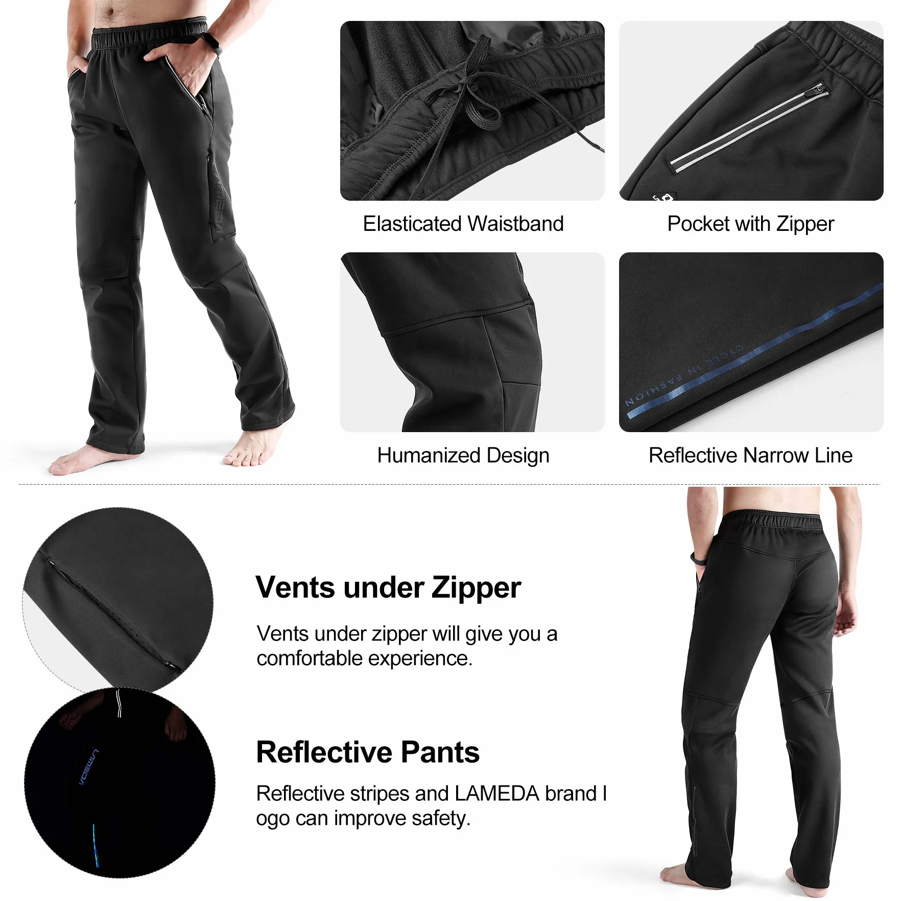 LAMEDA Pantalones Largos Hombre Invierno Cortavientos Térmicos Elásticos Forro Polar Ciclismo Repele Agua
