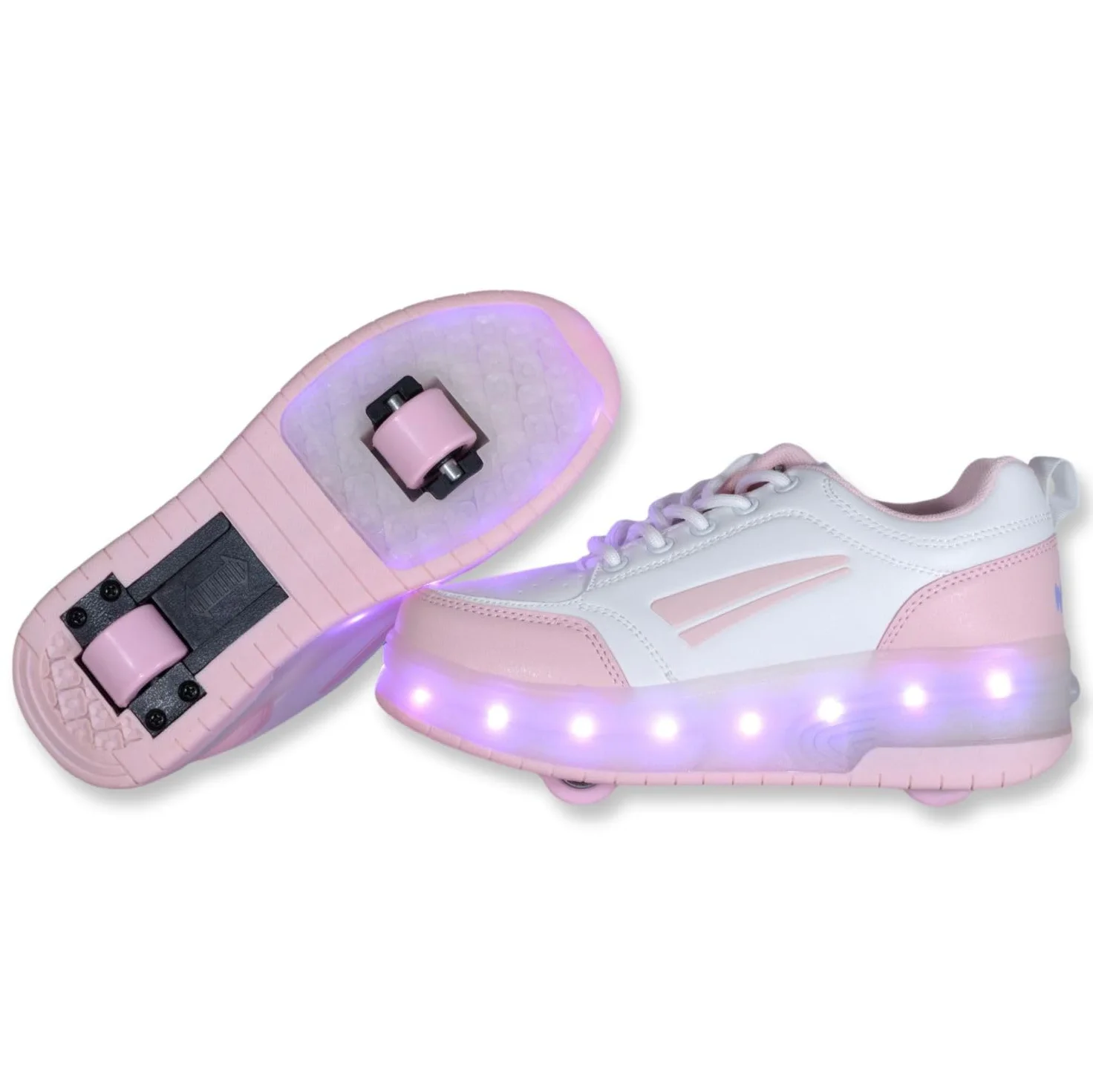 Zapatillas Deportivas con Dos Ruedas y Luces LED. Recargables, 16 Efectos de Luces. Rueda Trasera automática. Blanco/Rosa pálido. Talla 34