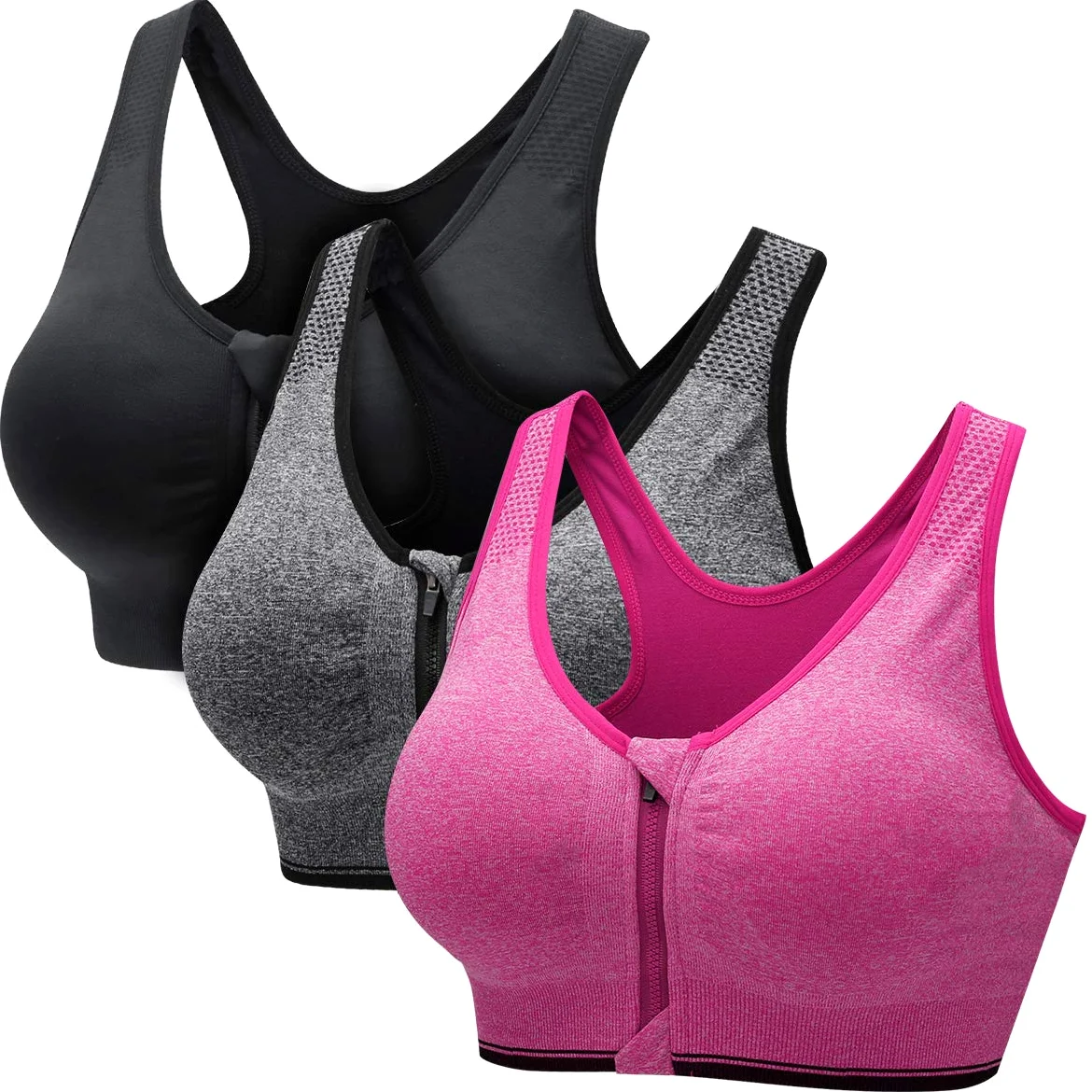 CARETOO Sujetador Deportivo para Mujer Cierre Delantero Sujetador Deportivo Post Operatorio para Yoga Fitness - con Cremallera Negro + Gris + Rojo, XL