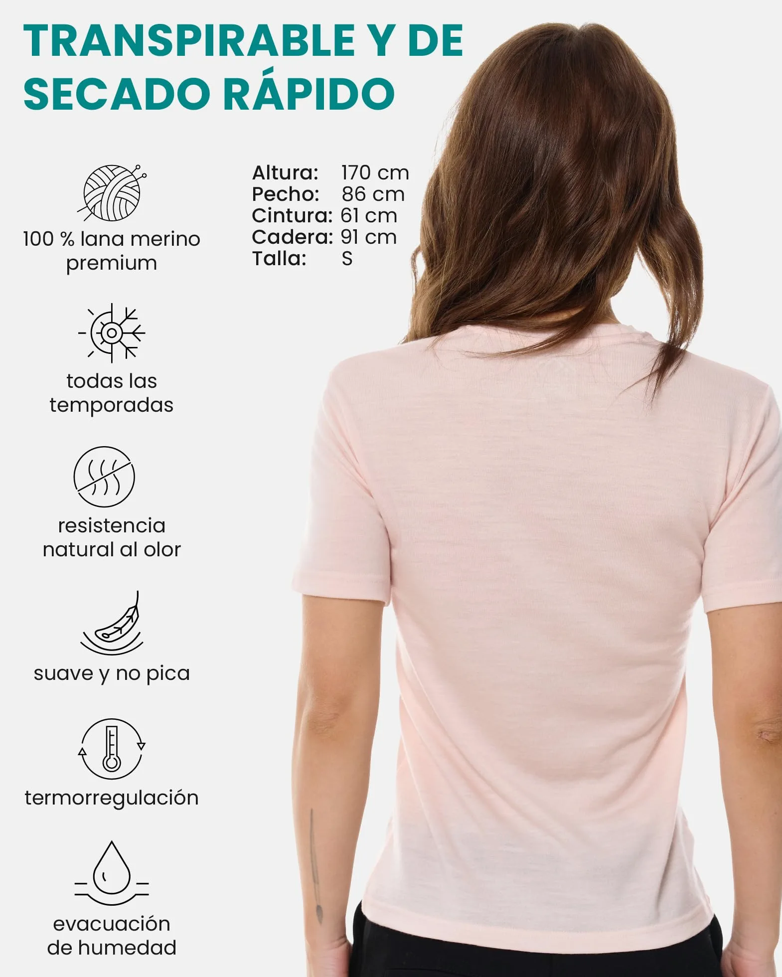 Merino.tech Camiseta Termica Lana Merino Mujer - Ropa Interior Base Layer 100% Lana Merino para Mujer (Medium, Baby Pink Crewneck)