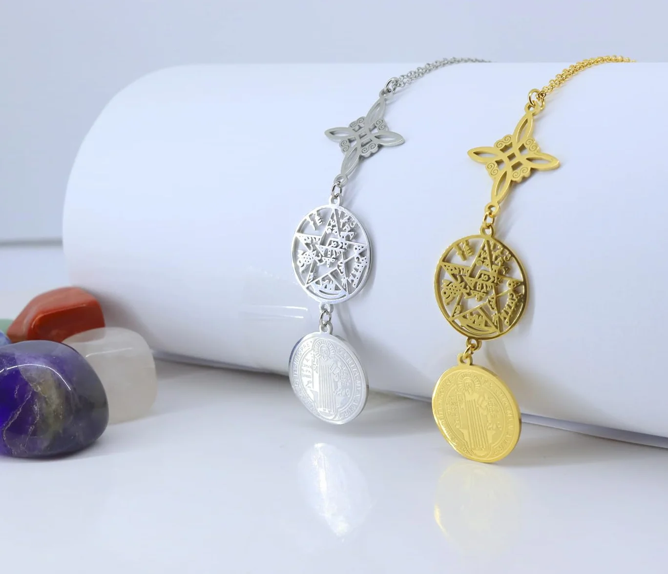 Collar de Mujer colgante Nudo de Bruja y Tetragramatón 7 CHAKRAS Símbolos Espirituales Yoga Reiki Meditación Amuleto
