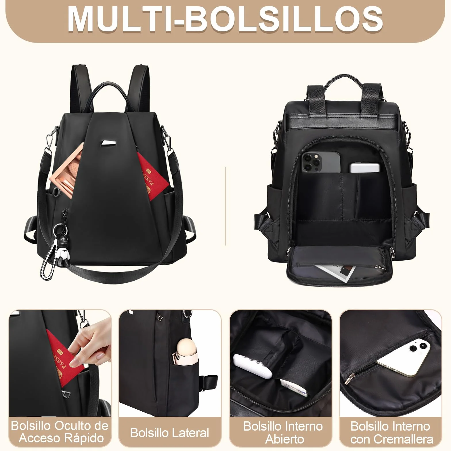 Eshow Mochila Antirrobo para Mujeres y Chicas, se Puede como Bolso de Hombro o Bolsa Bandolera, Adecuado para Viaje Escuela Compras y Trabajo Negro