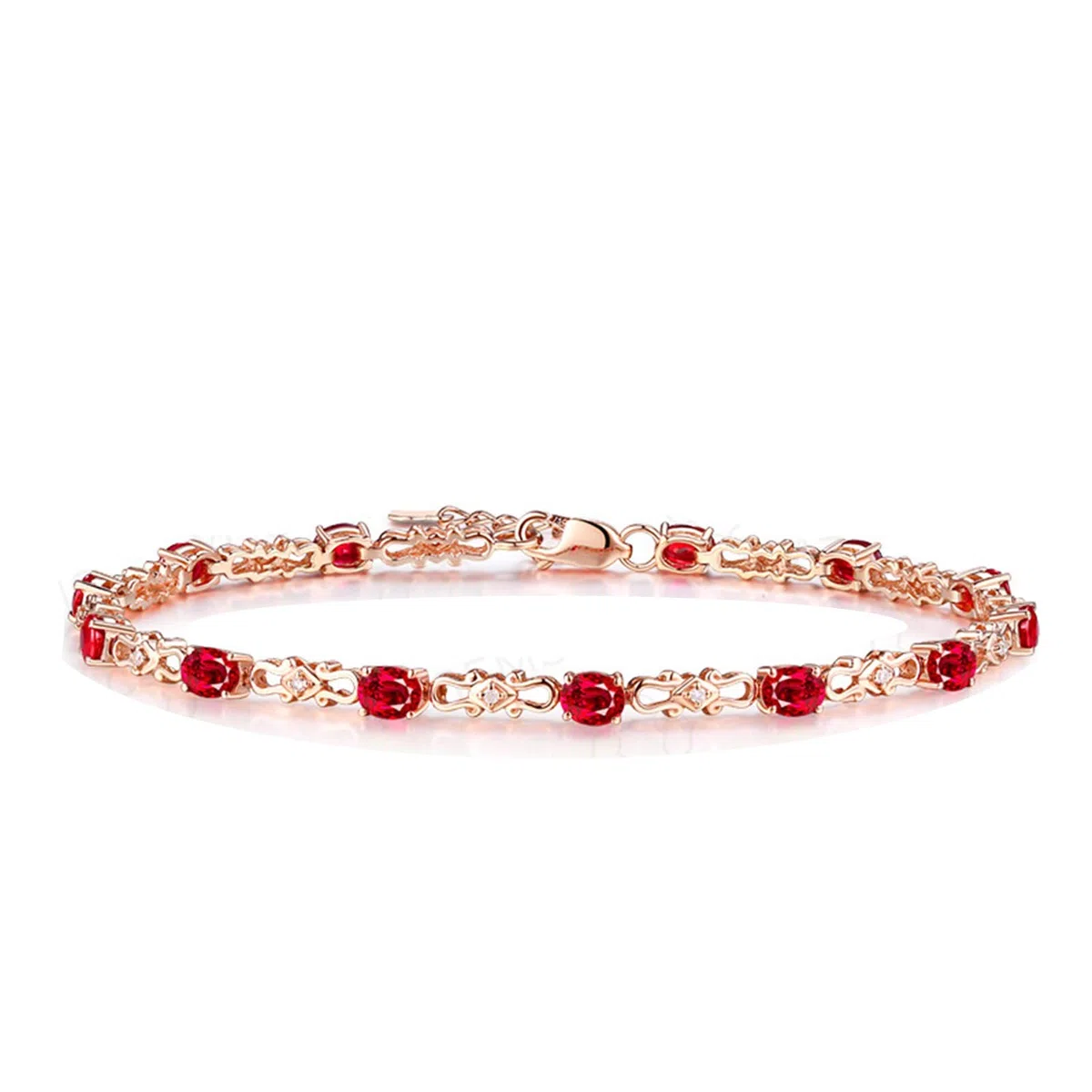 ZH1YFD Pulsera de Cadena de rubíes de Oro Rosa, Pulseras de Mujer con eslabones de Barra y Pulsera de rubí de 2,6 Quilates de 17 CM