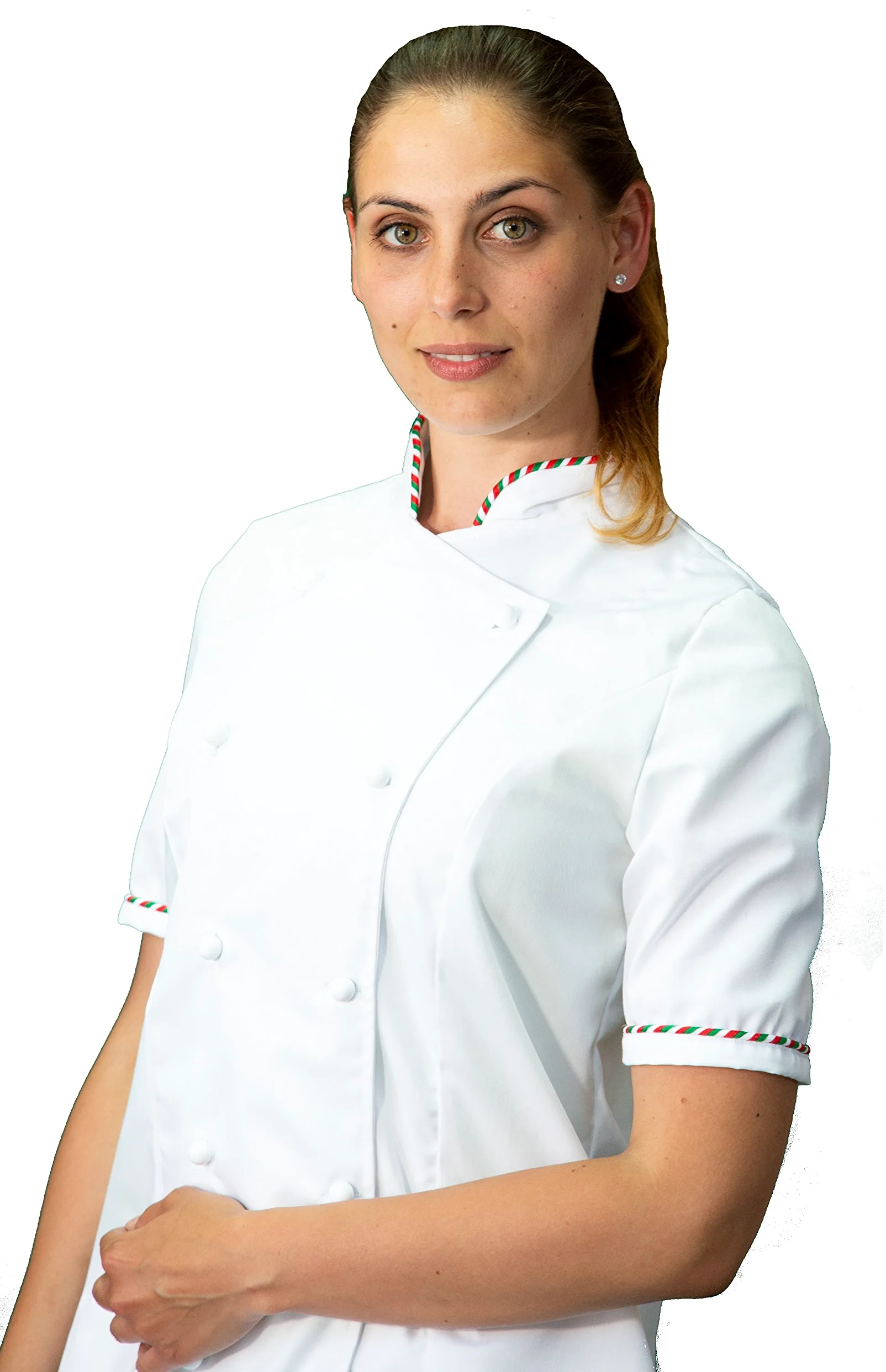 Bordado gratuito - Conjunto de cocina para mujer Italia - 3 unidades - Chaqueta de manga corta, pantalón y delantal - Conjunto para cocina y restaurante - Fabricado en Italia,