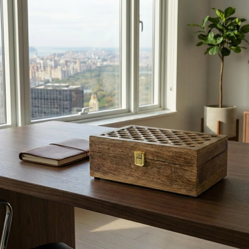 Mela Artisans Caja de recuerdos de madera con tapa con bisagras y pestillo, caja de almacenamiento decorativa grande con 6 particiones para fotos, joyas, manualidades, regalos hechos a mano, caja