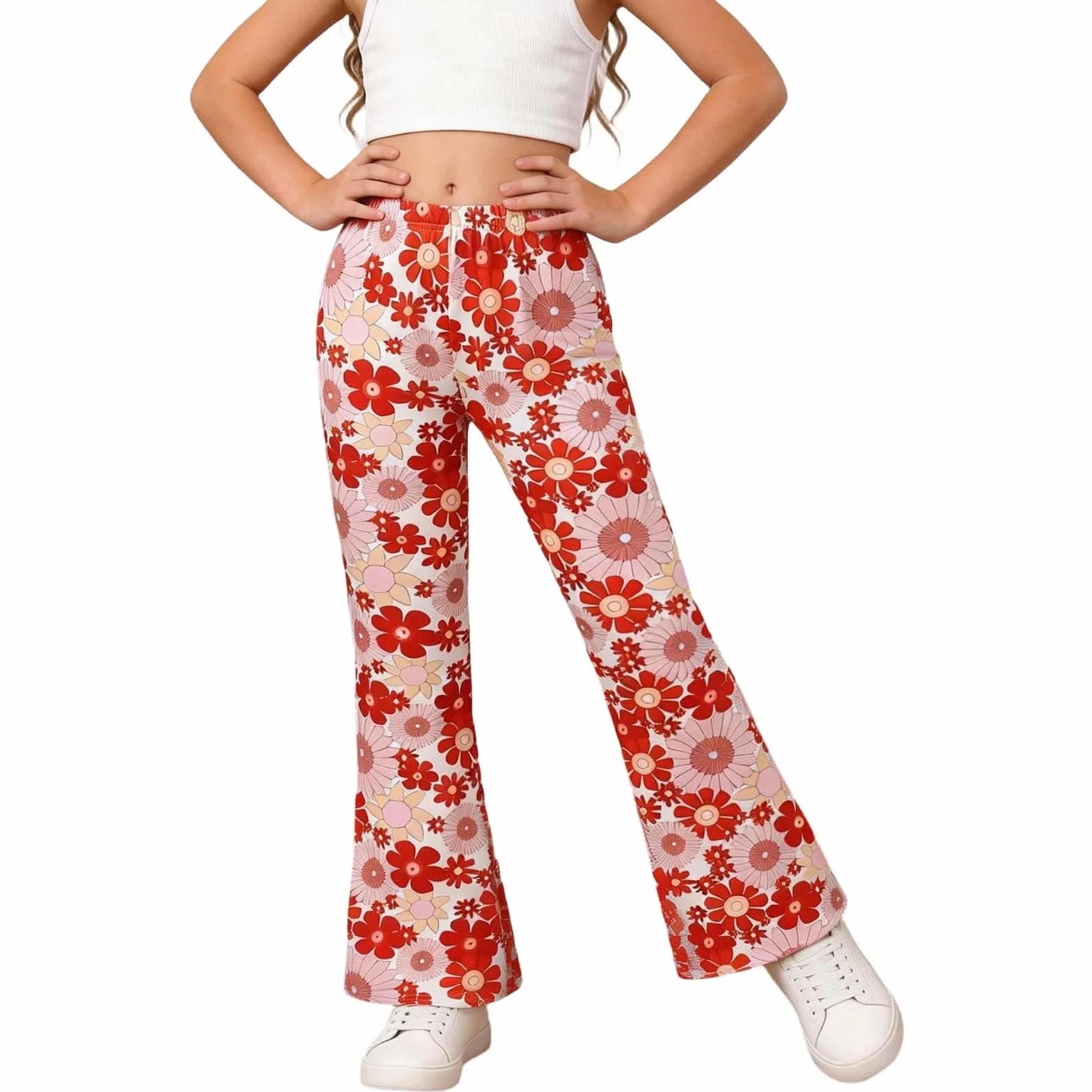 Pantalón acampanado para niño y niña, estampado de flores hippie pantalones 70 Slim Stretch de cintura alta acampanado Bootcut Chic y elegante para trabajo y sastre