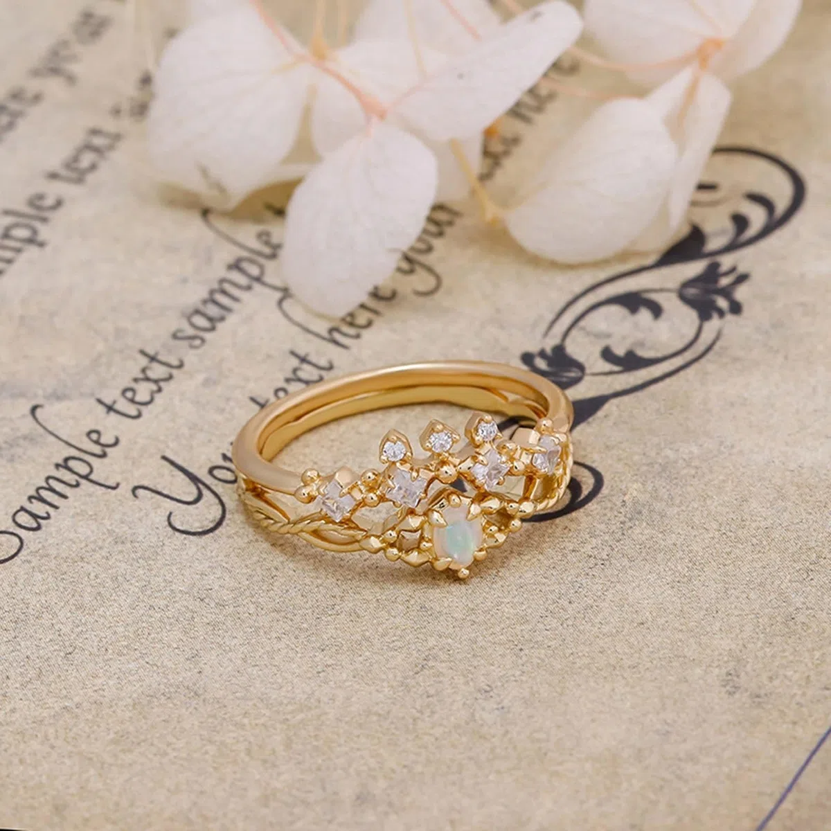 Alianzas de boda de oro auténtico, 9 K/14 K/18 K con ópalo ovalado, anillo de boda vintage delicado