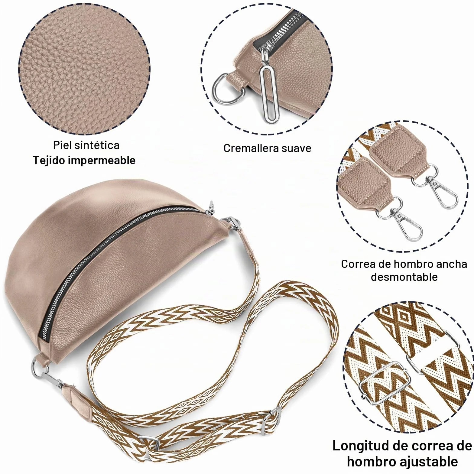 Bolso de Mujer Señoras Pequeño, Bolso Crossbody Señoras Correa Ancha, Riñonera Señoras Estiloso Cuero Repelente al Agua, Elegantes Bolsos Modernos con Correa de Mujer Desmontable