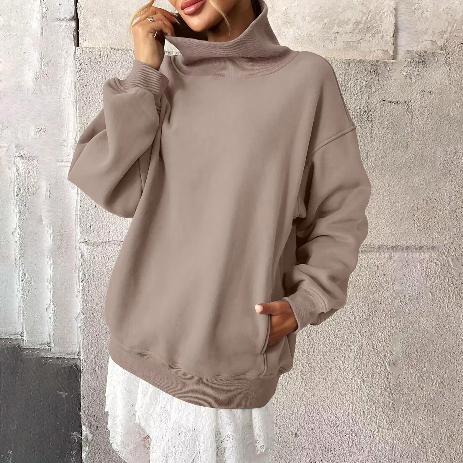Sudadera de mujer sin capucha, sudadera con cuello alto y manga larga, tendencia de color liso, suéter cálido y cómodo, informal, salida, otoño e invierno