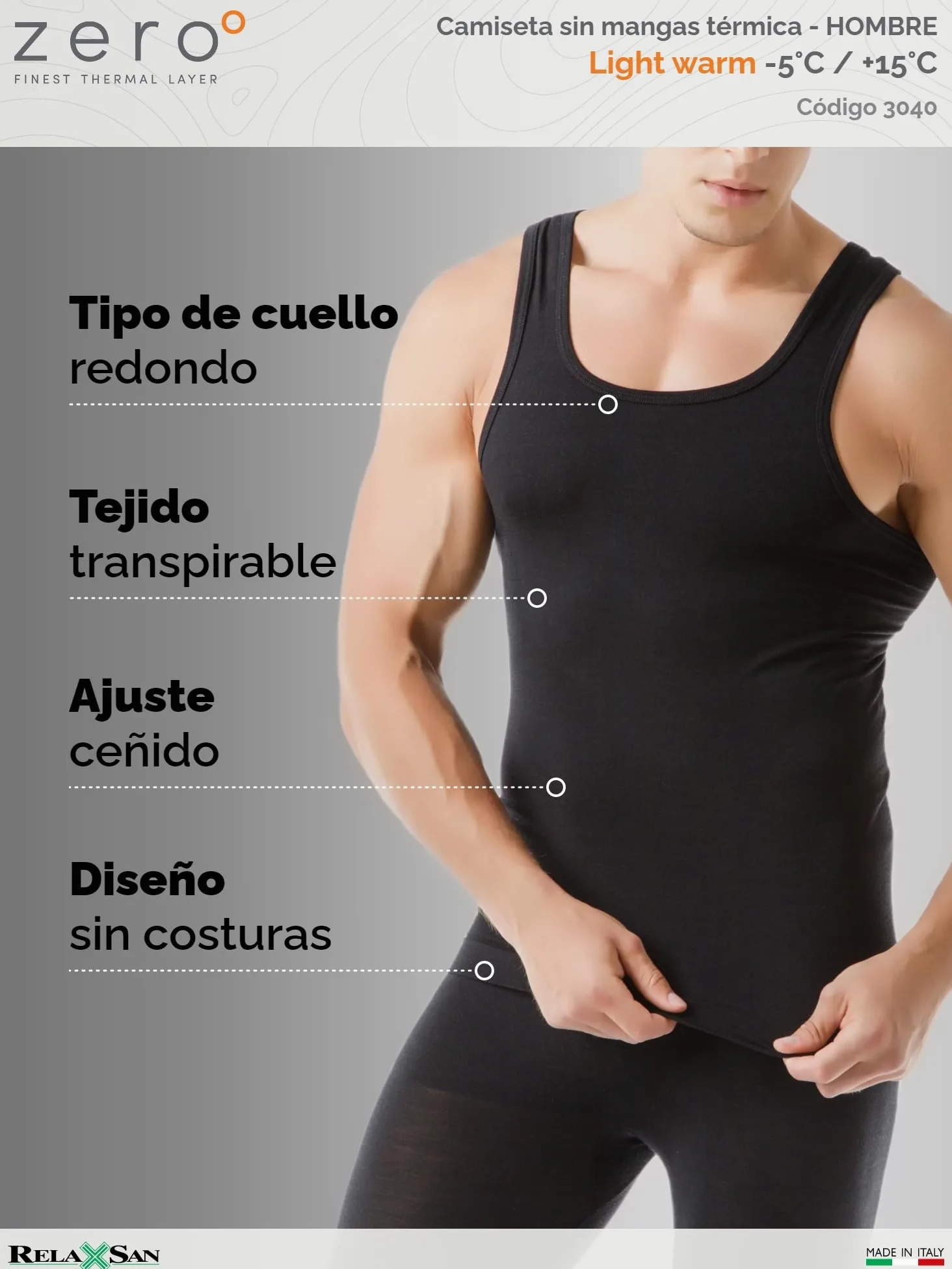 Relaxsan Zero 3040 - Camiseta Térmica de Tirantes Anchos Hombre Lana Merino
