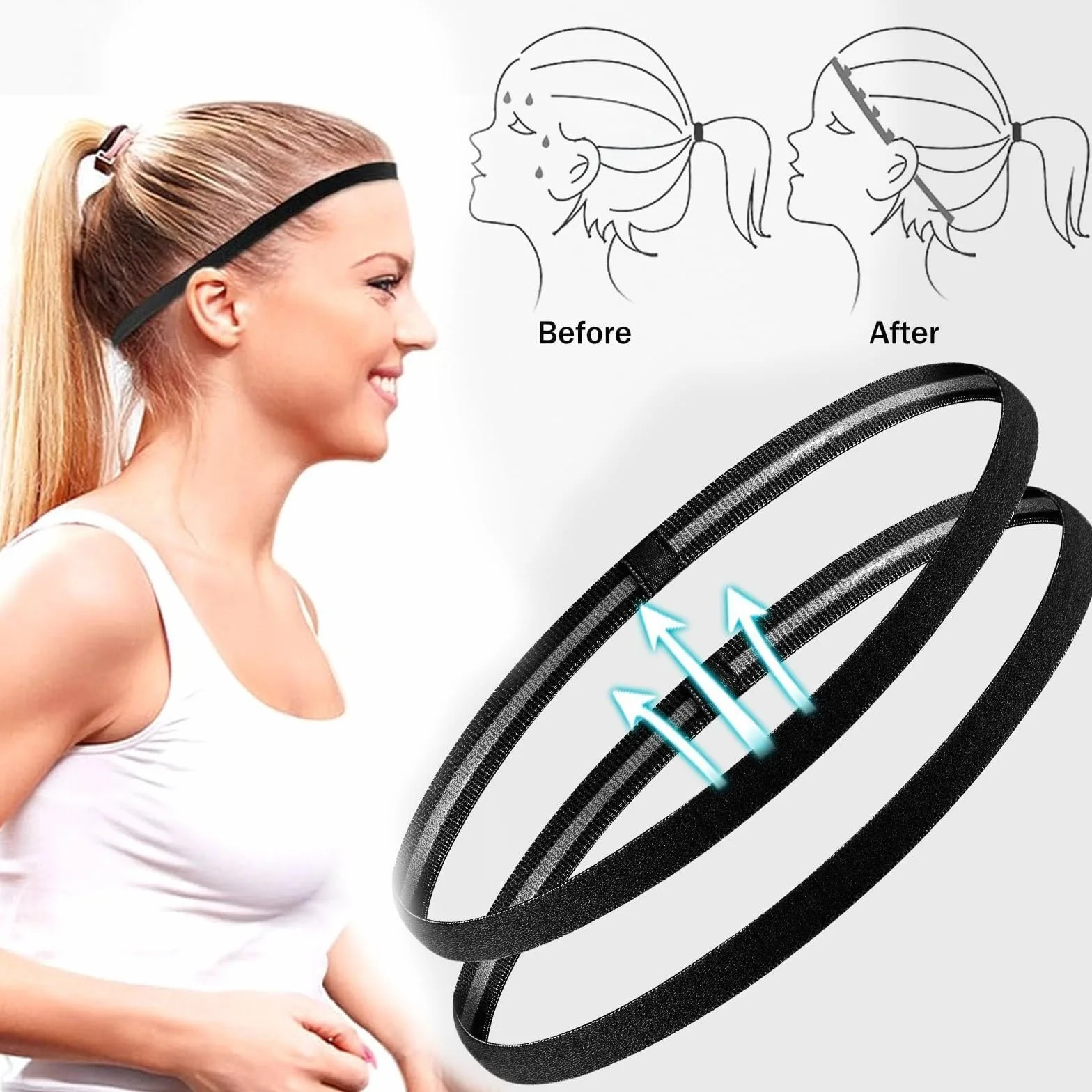 Diadema Deportiva Antideslizante Elástica 9 Piezas, Cinta Pelo para Yoga y Fitness (Negro)