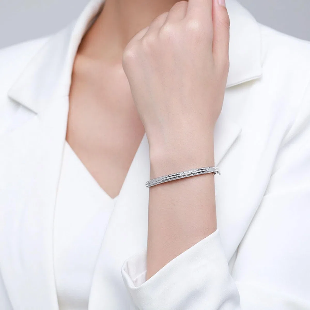 Brazalete de Oro Blanco Mujer 9Kilates / 14Kilates / 18Kilates, Redondo con Moissanita, Cadena 16 CM, Pulseras Mujer Cadena Plata