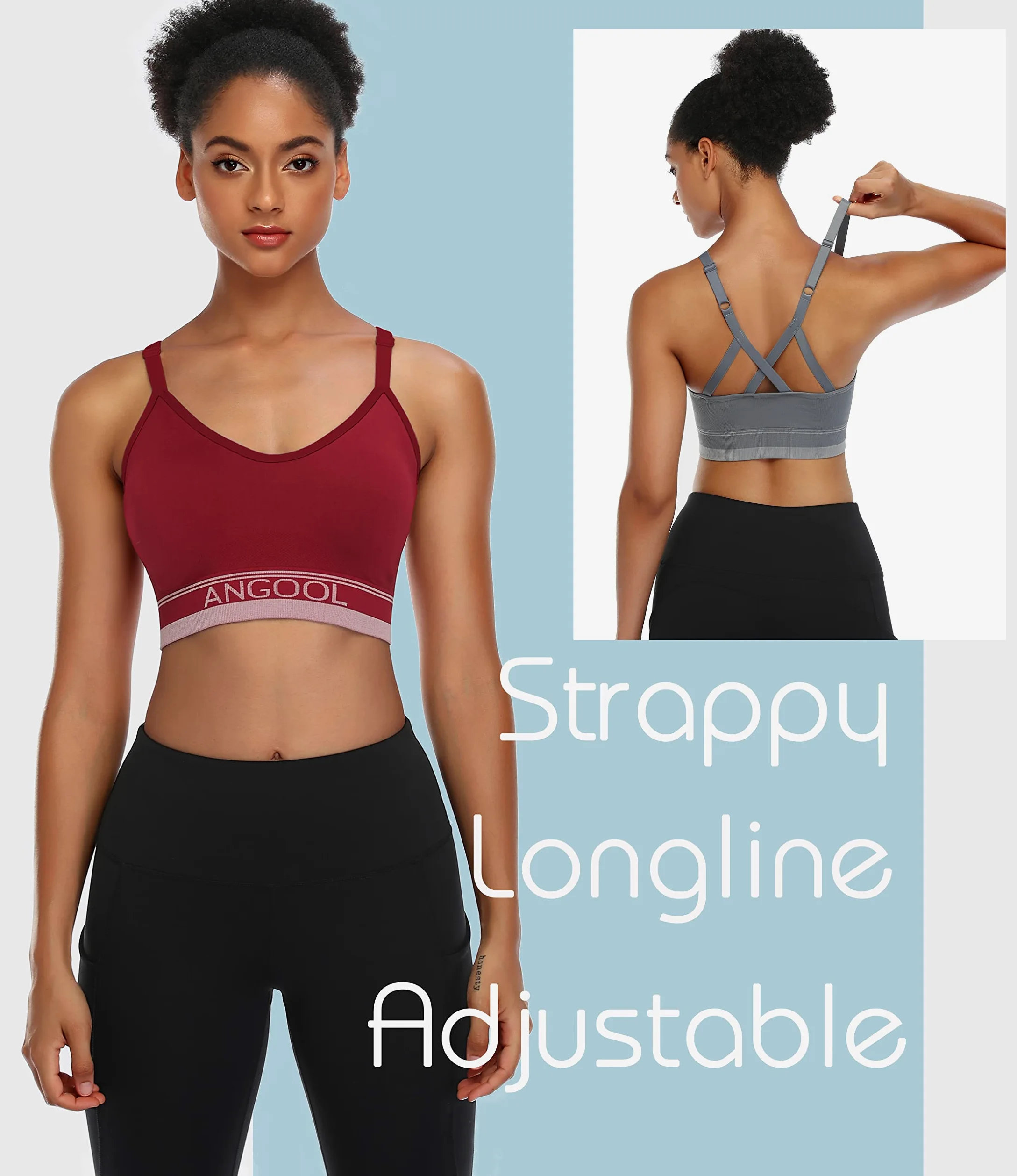 ANGOOL Sujetador Deportivo para Mujer con Correas Ajustables sin Costuras Copa Extraíble Correas de Hombro Cruzadas para Yoga Fitness Correr