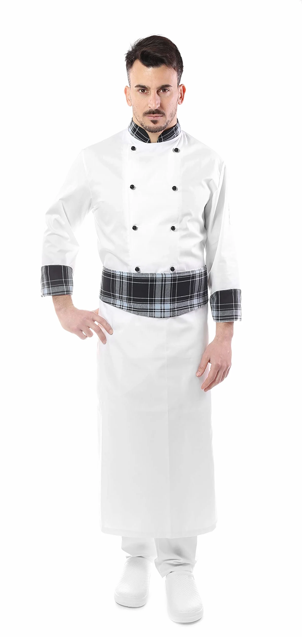 Bordado gratis - Conjunto de cocinero para hombre - Uniforme Chef - Varios colores - Chaqueta, pantalones y delantal - Uniforme para cocina y restaurante - Made in Italy, Blanco,