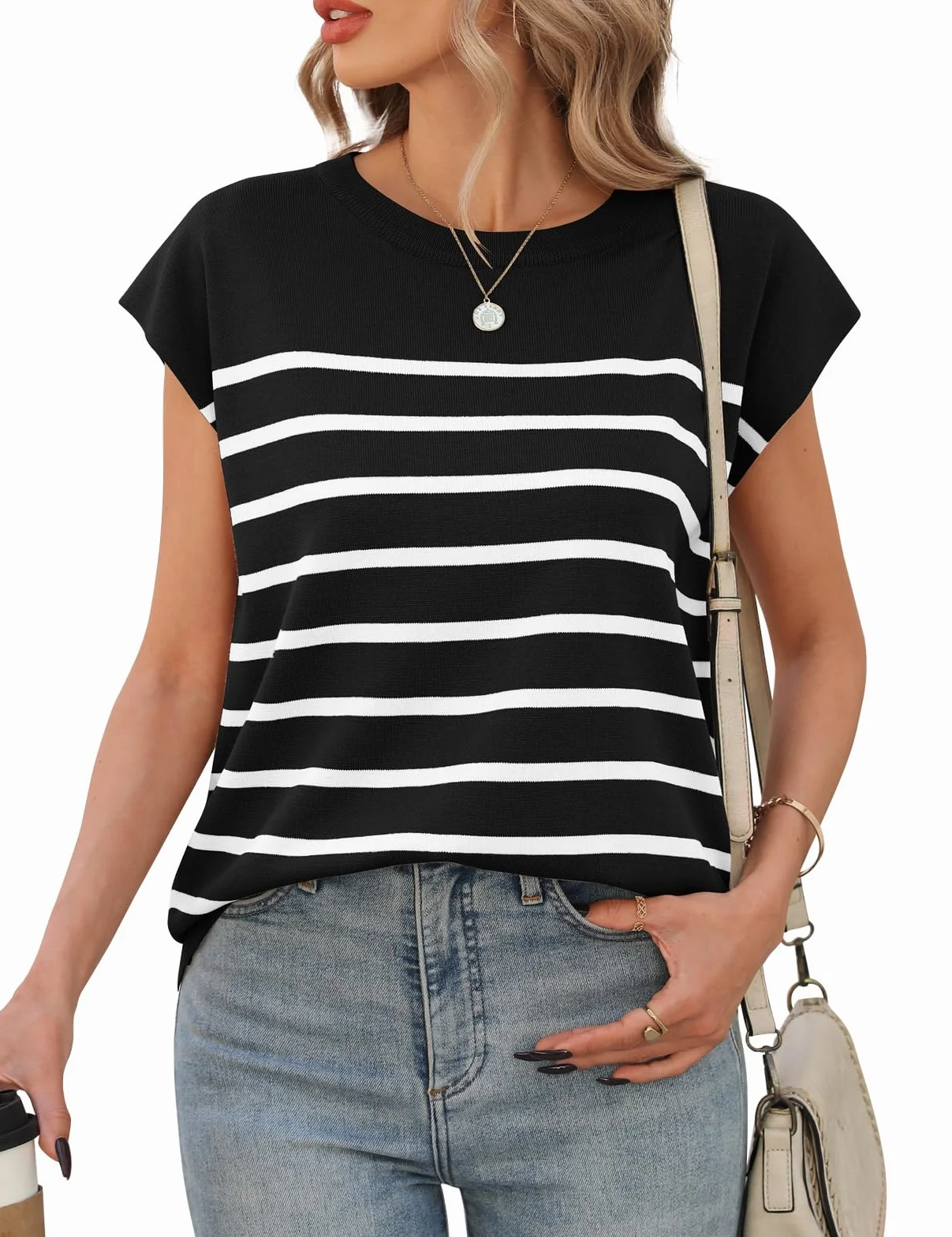 Niwicee Camisetas Manga Corta Mujer Camiseta Mujer Verano Top Mujer Tshirt de Rayas Tops con Cuello Redondo Básica Slim Fit para Mujer Top Elegantes Blusas Informales