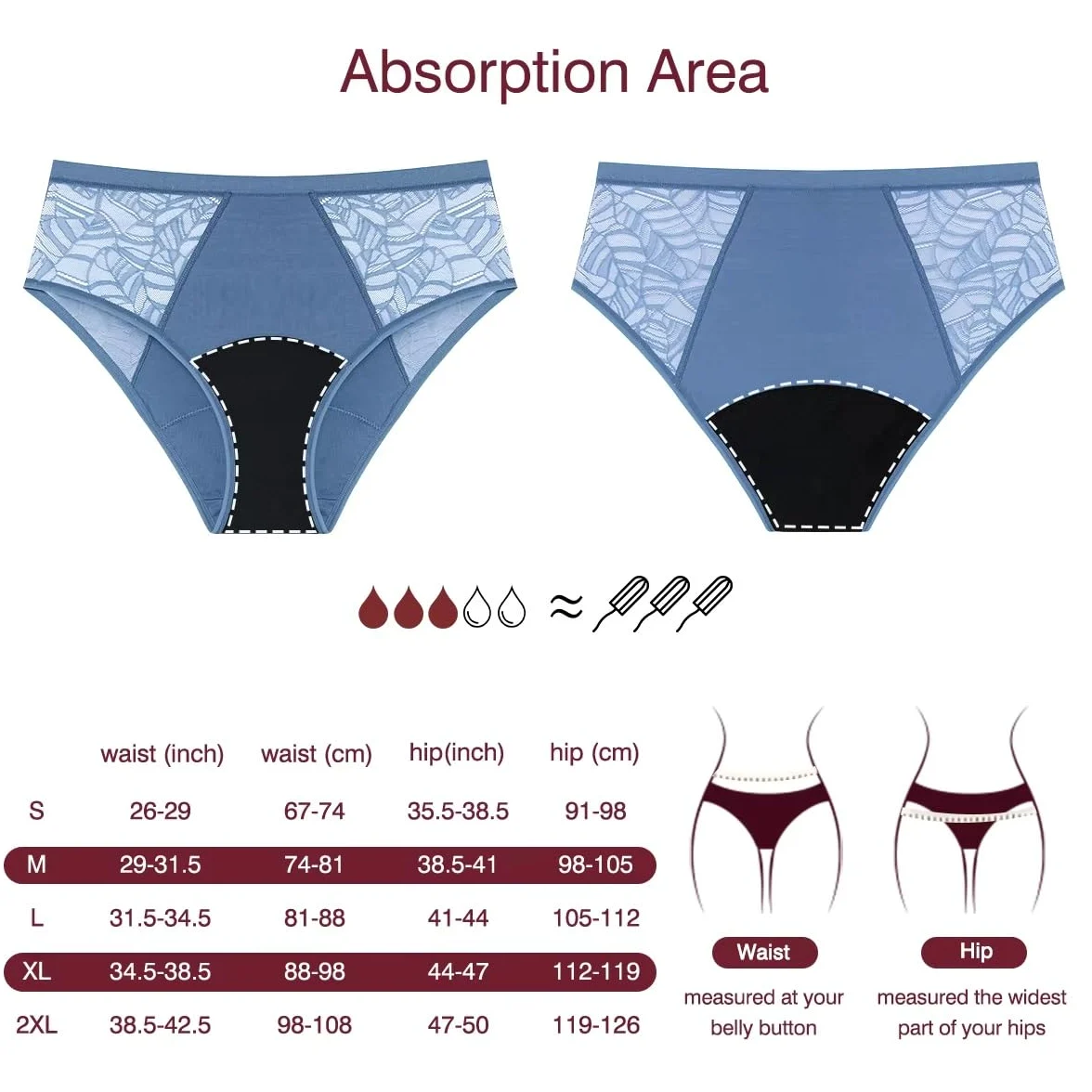 Braguitas Menstruales para Mujer de Encaje para Posparto Con Flujo Abundante Absorbentes A Prueba de Fugas de Algodón Transpirables Suaves Color Naranja Azul y Negro Talla L