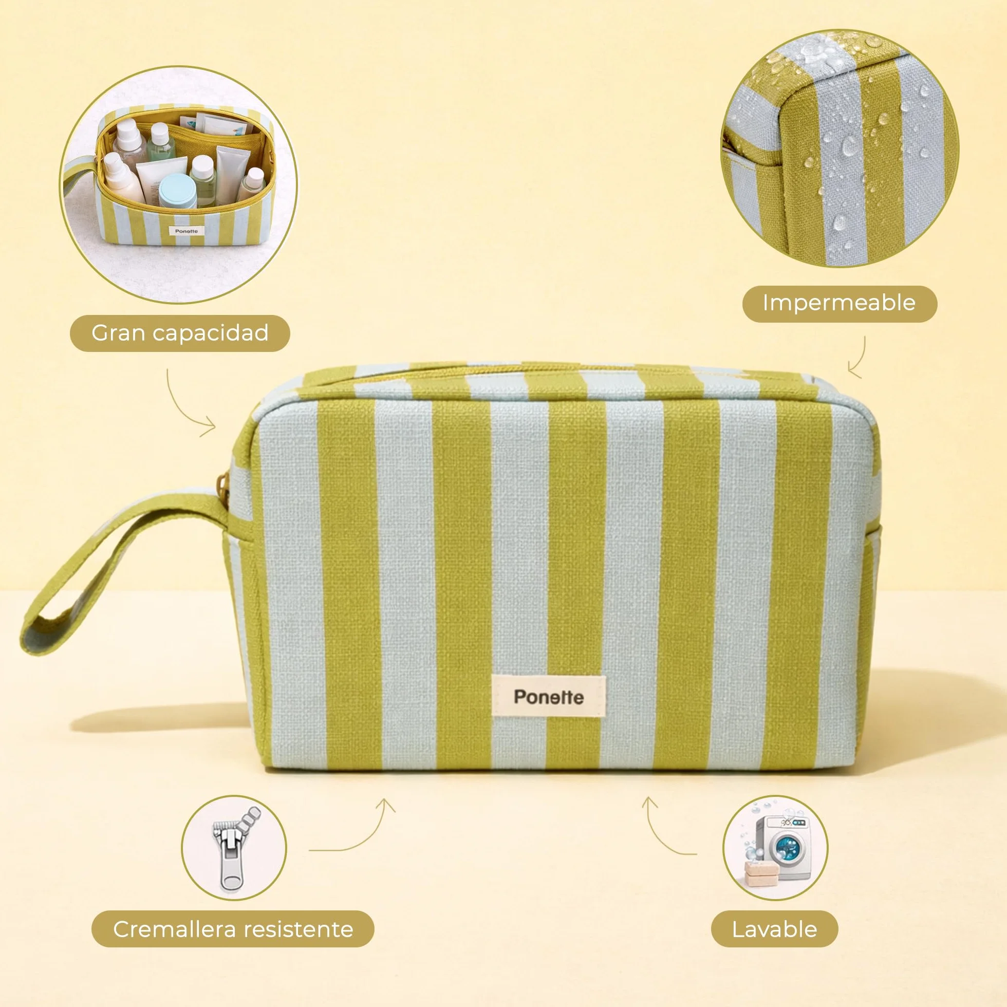 PONETTE - Neceser Menorca – con Cremallera Resistente y asa – Gran Capacidad, Plegable y Ligero – Diseño Actual a Rayas – Bolsa de Aseo Playa, Piscina, Viaje, Gimnasio y Uso Diario – Marca Española