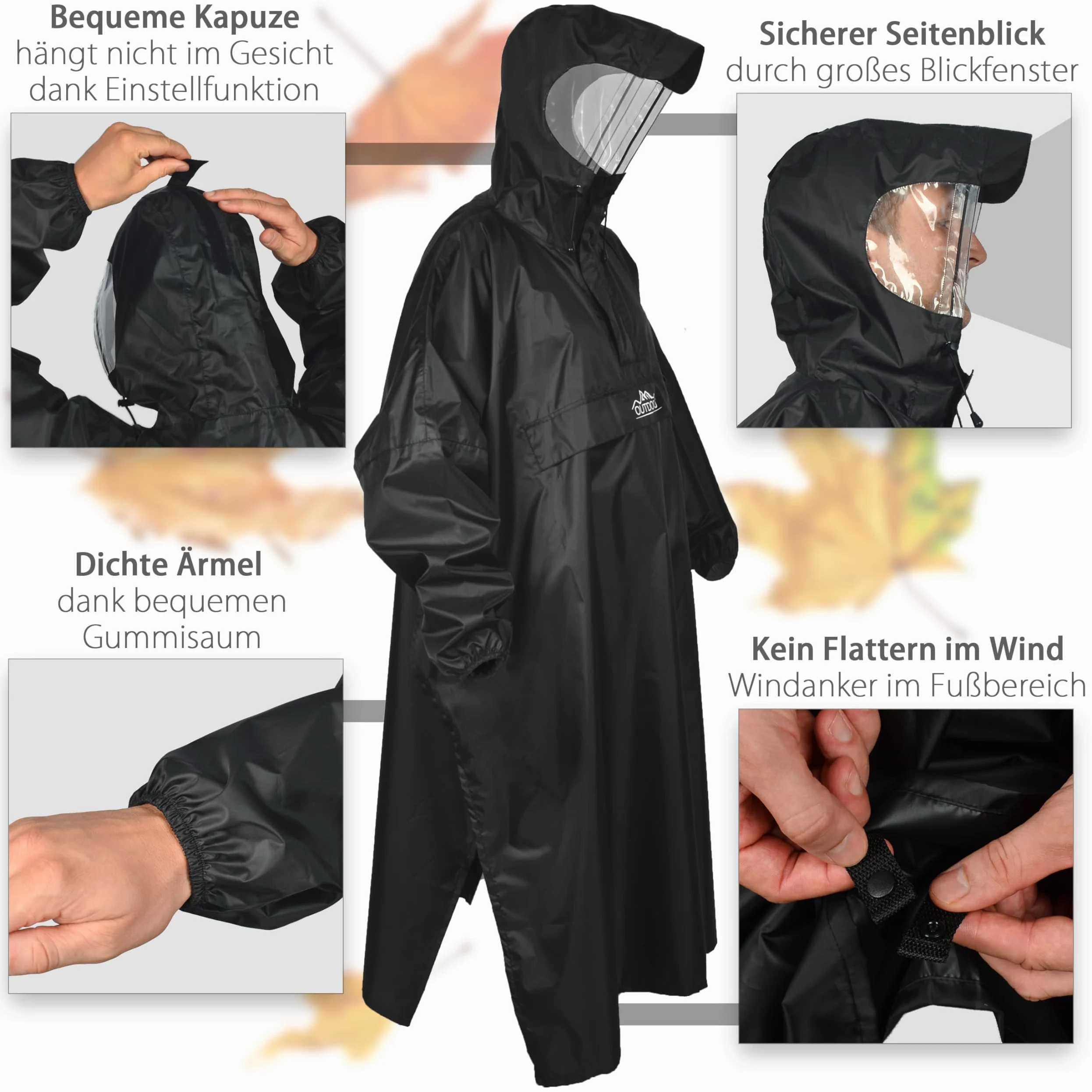 Outdoro - Poncho de lluvia de manga con ventana de navegación en el bolsillo en el pecho, cremallera y ventana - Poncho para hombre y mujer adulta, negro, G-XL