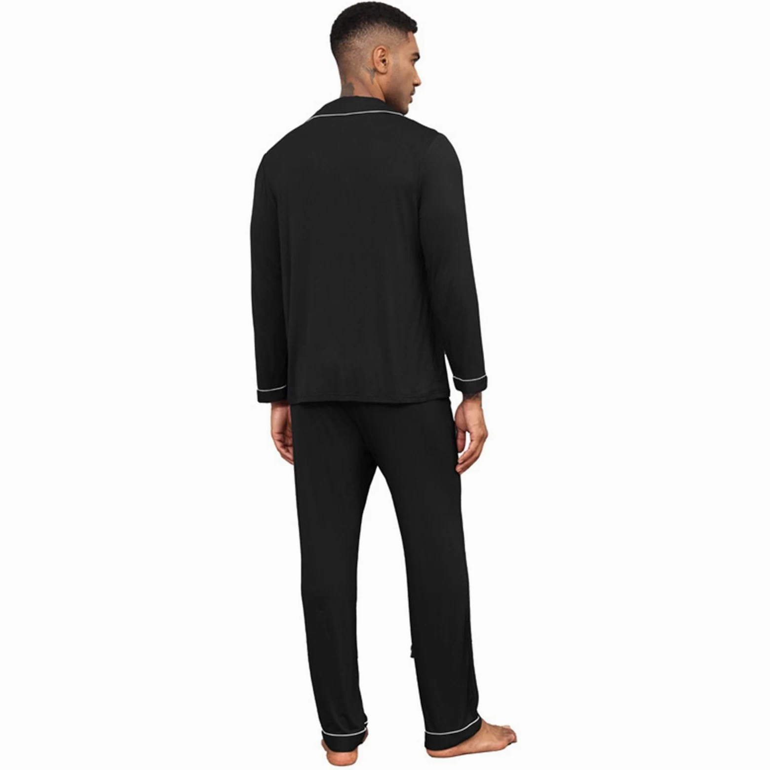 Generisch Conjunto de pijama para hombre, camisa de manga larga con cuello de solapa y pantalones largos, monocolor, algodón, informal, transpirable, ligero, suave, cómodo, traje de casa de 2 piezas