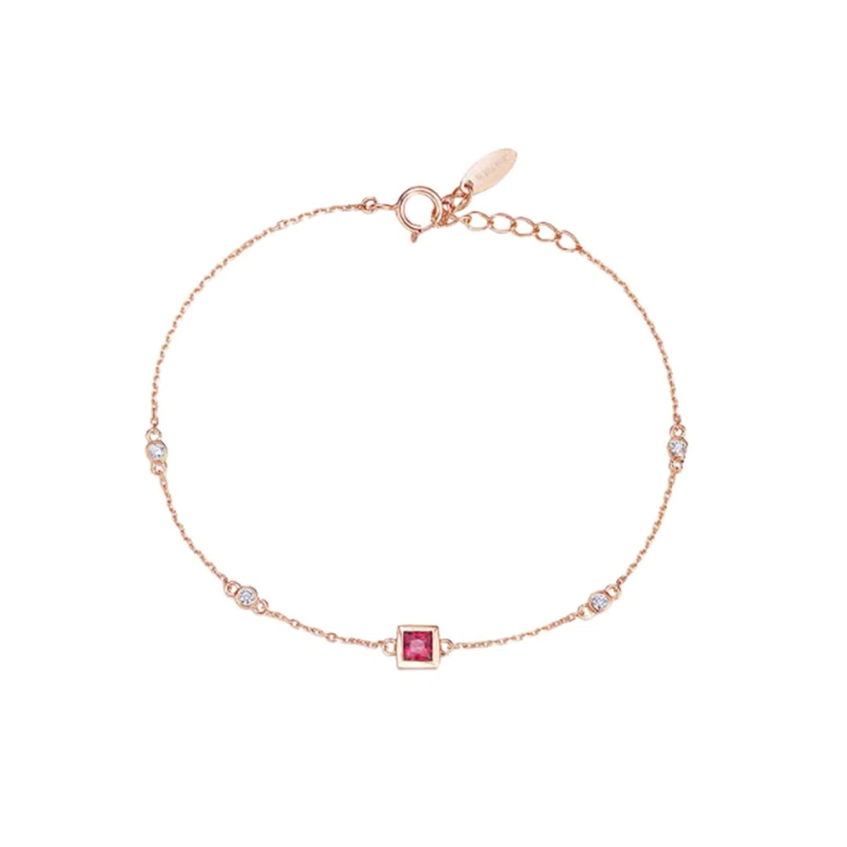 Pulseras de Oro Rosa 9K / 14K / 18K Mujer, Cuadrado con Rubí y Diamante, Cadena Extensible 16 CM + 5 CM, Pulseras Oro Rosa Ajustable Mujer