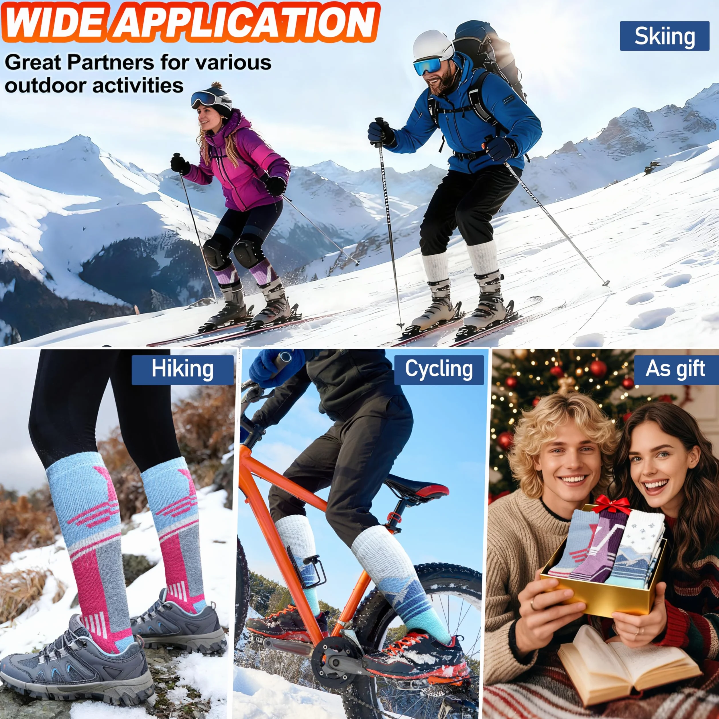 Sandsuced 3 pares Calcetines de esquí de lana merino de esquí de rodilla alta de invierno cálido térmico para mujeres hombres