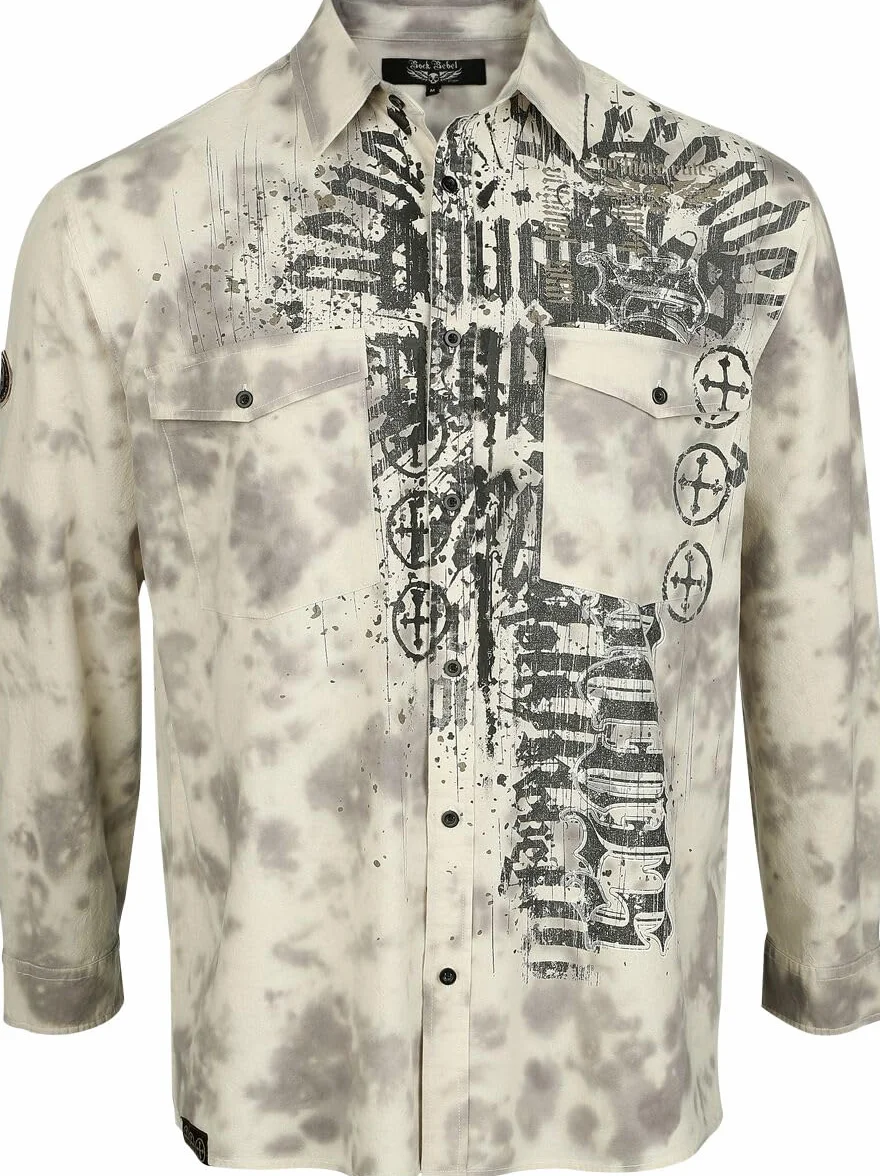 Rock Rebel Hombre Camisa de Manga Larga Color Arena Estampado Integral Bolsillos Pecho