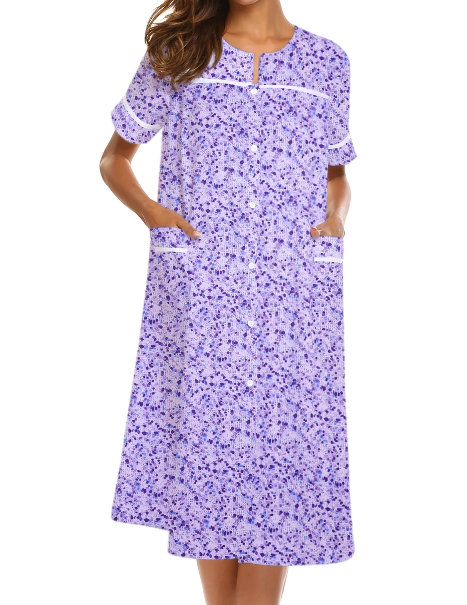 Ekouaer Camisones para mujer, vestido de casa con bolsillos, con botones, abrigo de casa, de manga corta, vestidos de noche, plumero, Moo Moos