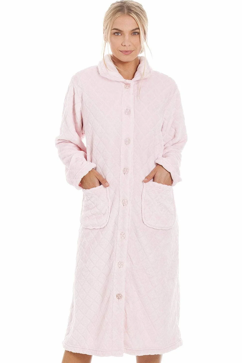 Camille Albornoz de forro polar supersuave para mujer, diseño de diamantes, albornoz con botones, manga larga con bolsillos delanteros, acogedor y cálido