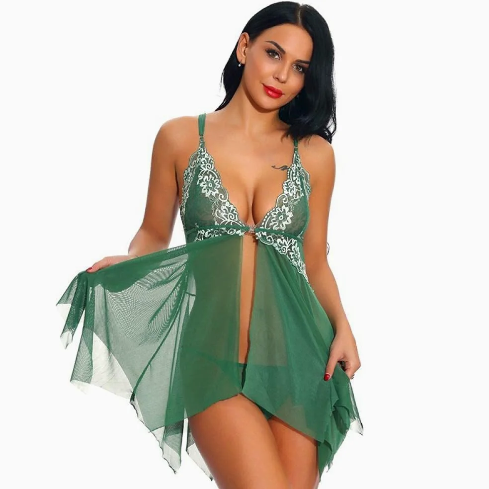 Ropa interior de mujer Lencería para mujeres Encaje Babydoll Sexy Chemise V-cuello Malla Ropa de dormir