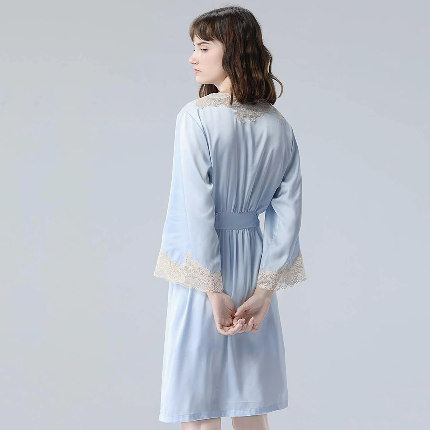 Traje De Kimono De Encaje Azul, Bata Satinada, Pijamas Sueltos con Bata De Baño Y Ropa De Dormir De Verano M