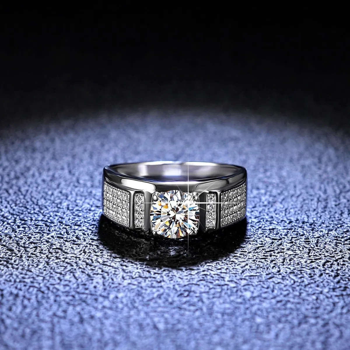 Anillo de boda de plata para hombre, oro blanco de 9 quilates, 14 quilates, 18 quilates, redondo con moissanita de 1 quilate