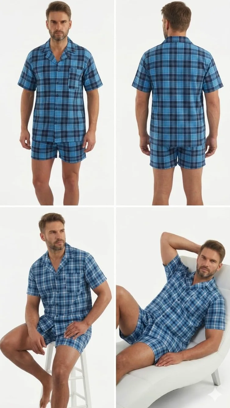 Sesto Senso Elegante Pijama de Hombre a Cuadros de Manga Corta Algodón Camisa con Botones Pantalón Corto