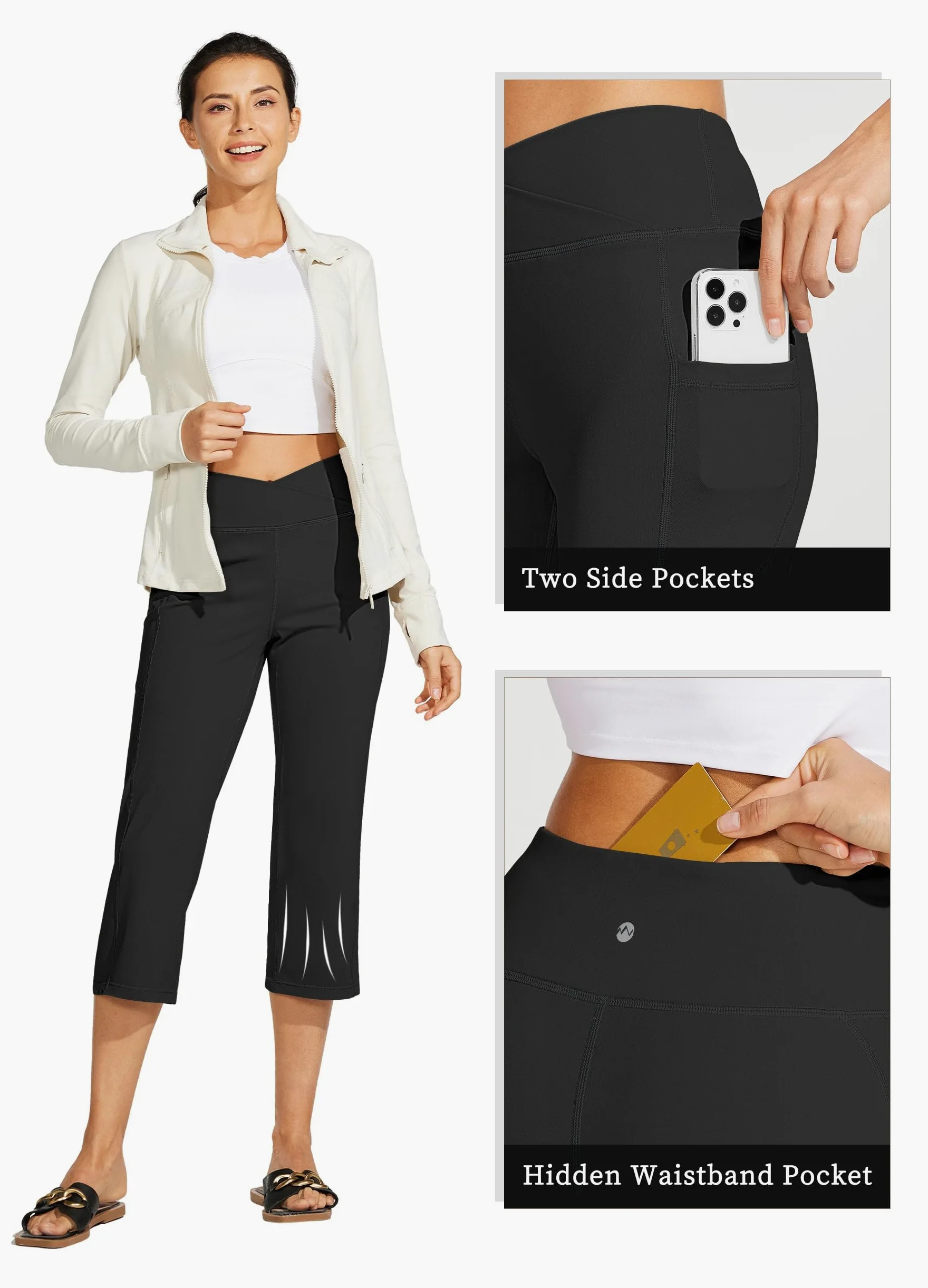 WILLIT Pantalones capri de yoga para mujer, pierna recta, elásticos, pantalones de trabajo cruzados, elegantes, cintura alta, con bolsillos, yoga, entrenamiento casual
