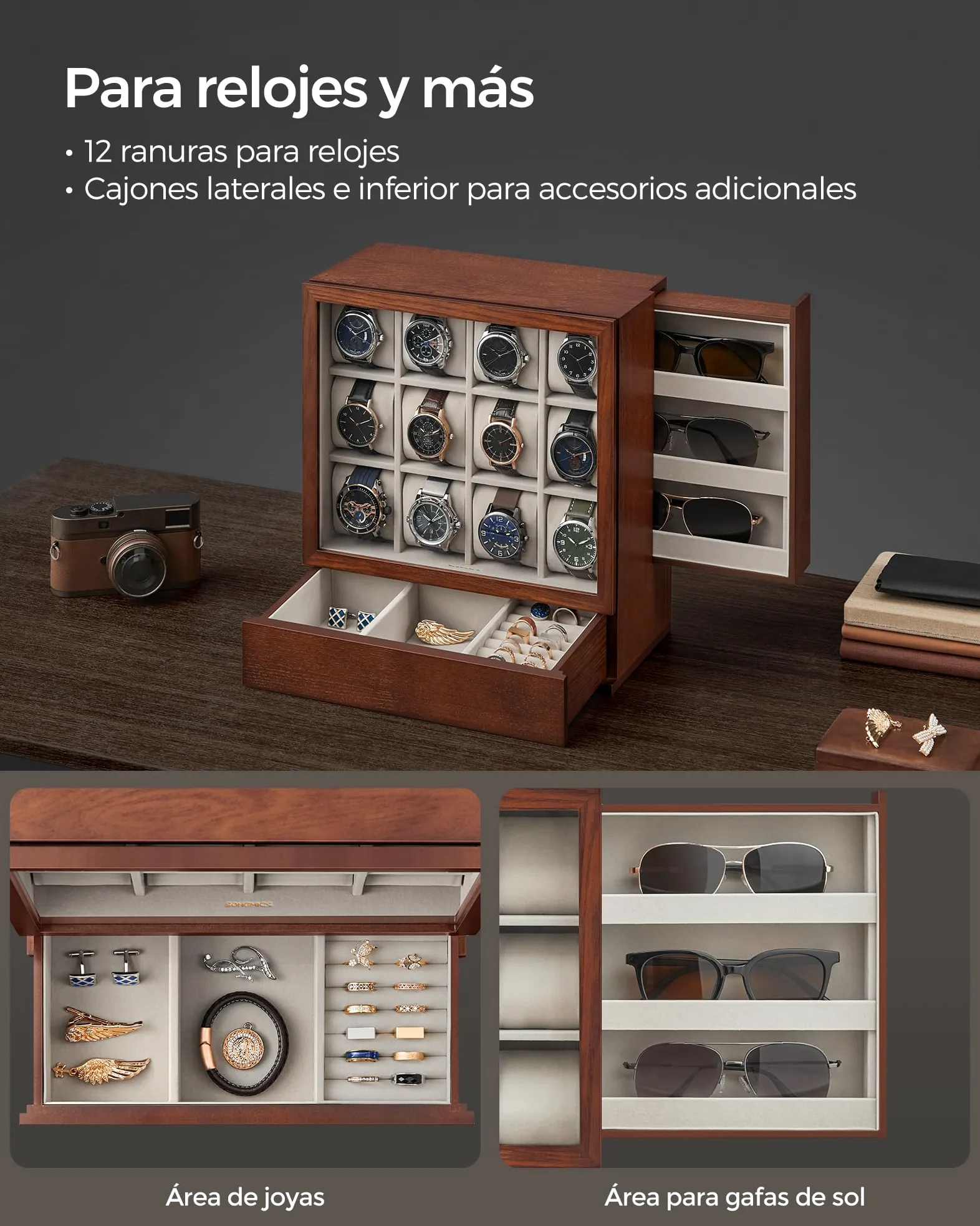 SONGMICS JOW014K01 Caja de relojes con 12 cajones, caja de reloj de madera con ventana, gabinete de exhibición de madera de chapa maciza, almacenamiento vertical, ahorro de espacio, idea