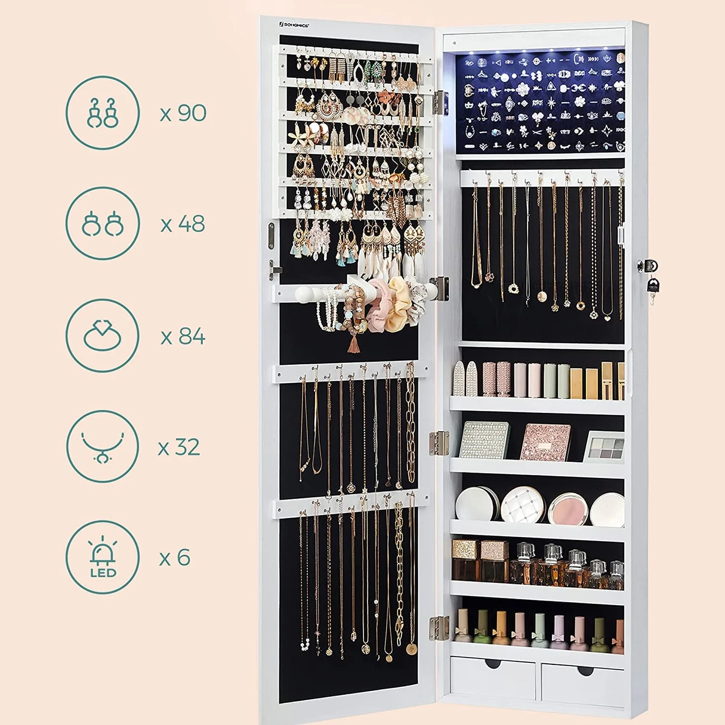 SONGMICS Armario para Joyas, Espejo Joyero de Pared, con Luces LED y Cierre, Organizador de para Pendiente, Collar, Espejo y Varios Compartimentos, Blanco con Vetas de Madera JBC93W