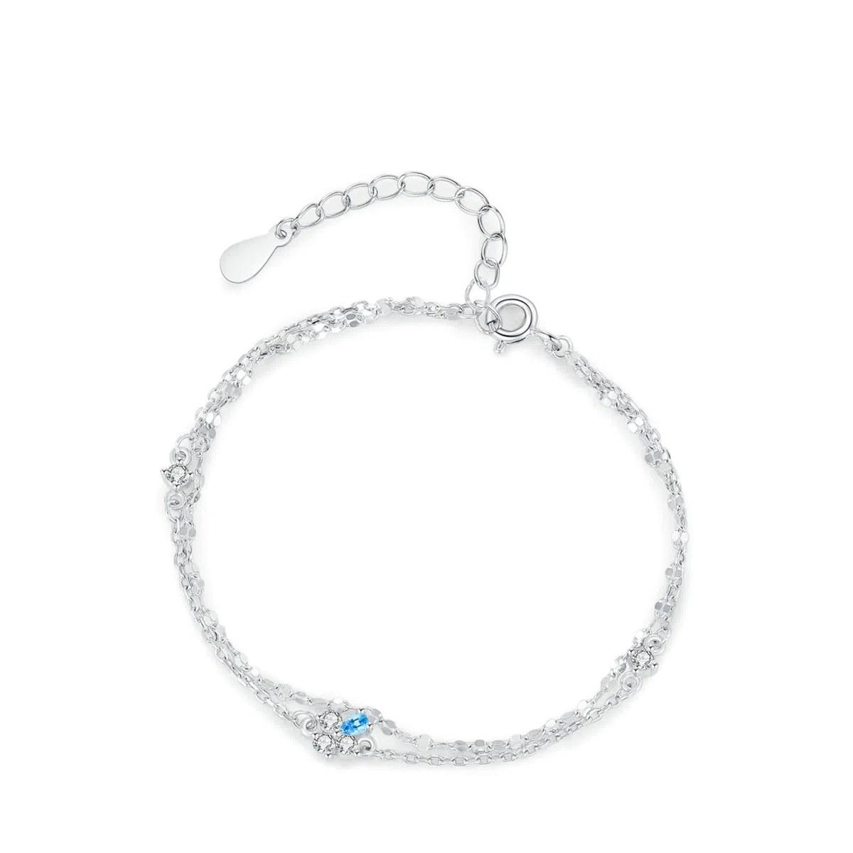 Pulseras de Mujer de Oro Blanco de 9Kilates / 14Kilates / 18Kilates, Cadena Doble Capa con Topacio y Moissanita, Cadena Extensible 16 CM + 5 CM, Pulsera de Plata Azul de Ajustable Mujer
