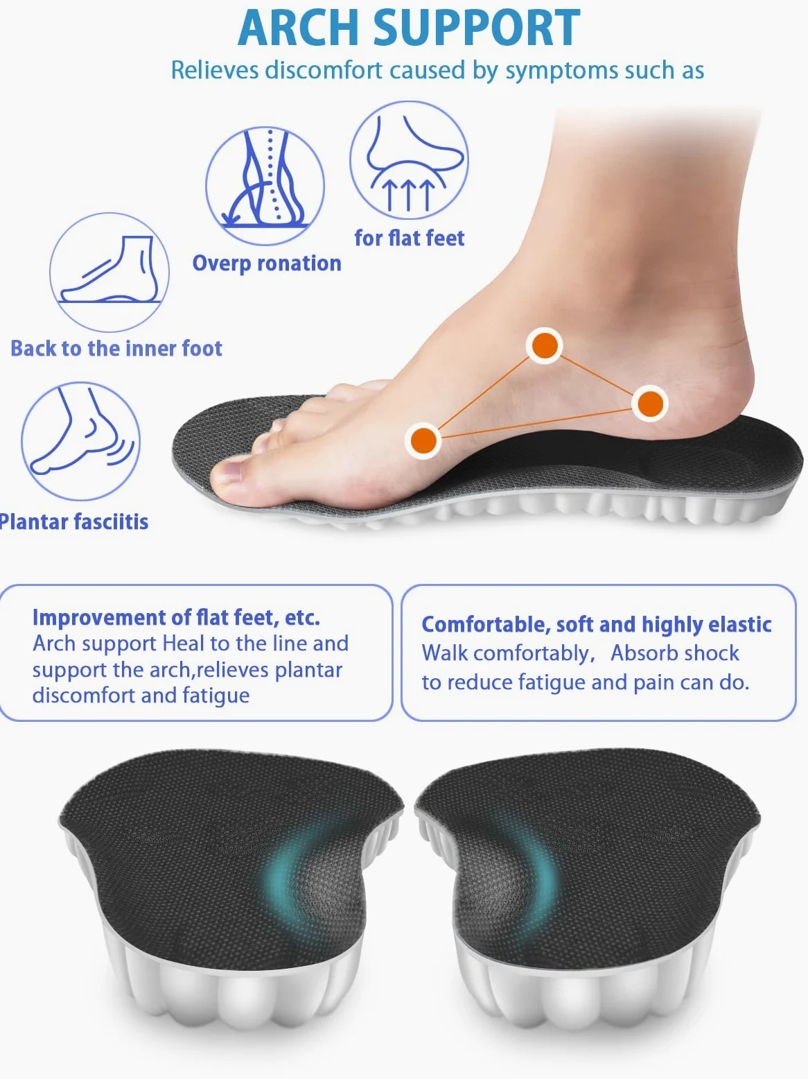Plantillas de zapatos deportivos 3D, plantillas de pies para fascitis plantar, plantillas de arco de absorción de impactos, para deportes, correr, escalar, desodorante, suave, transpirable (Men