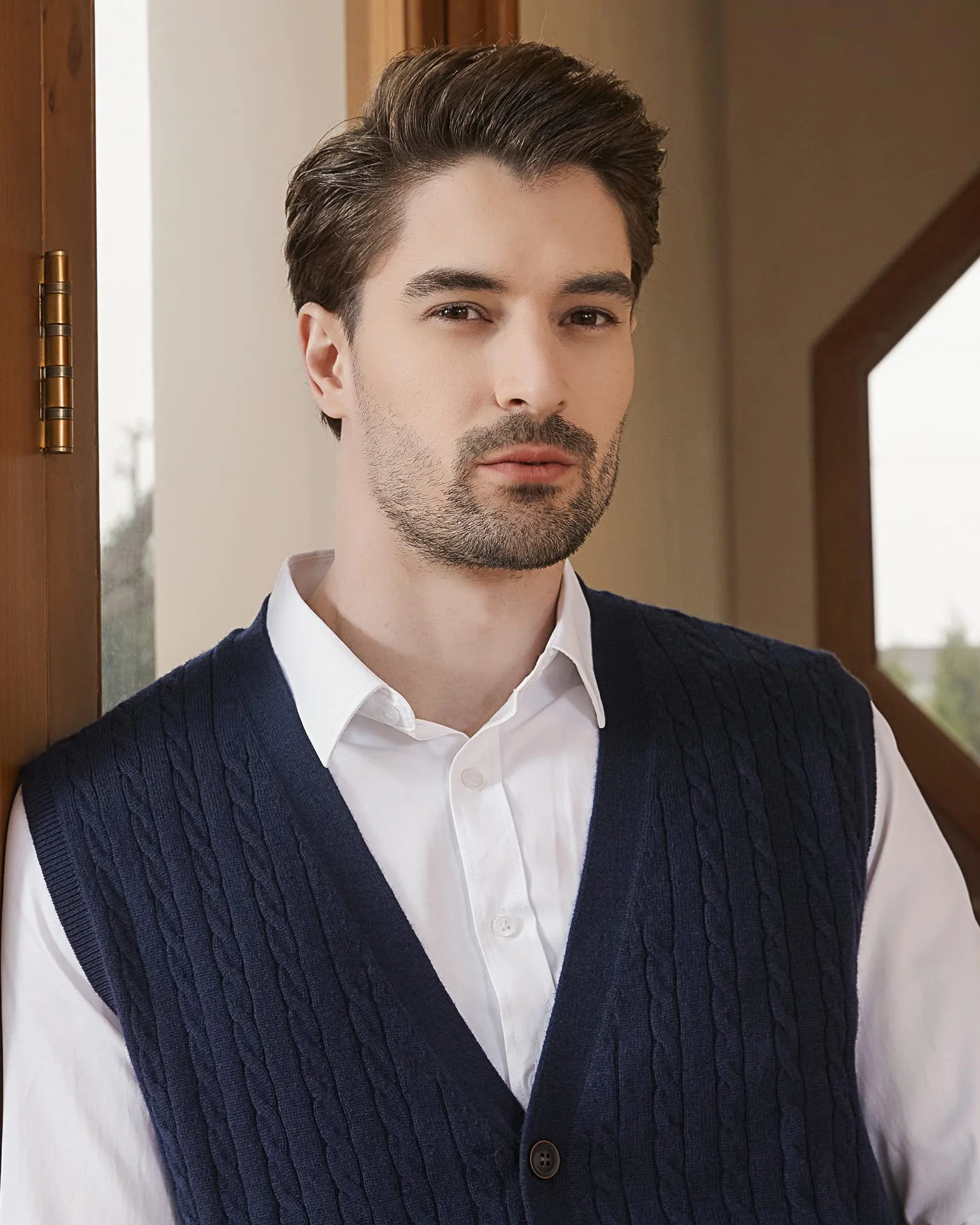 Kallspin Hombres de Lana Blend Chalecos Suéter V Cuello de Punto de Cable sin Mangas de Tejido Tricotado Botón Cardigan