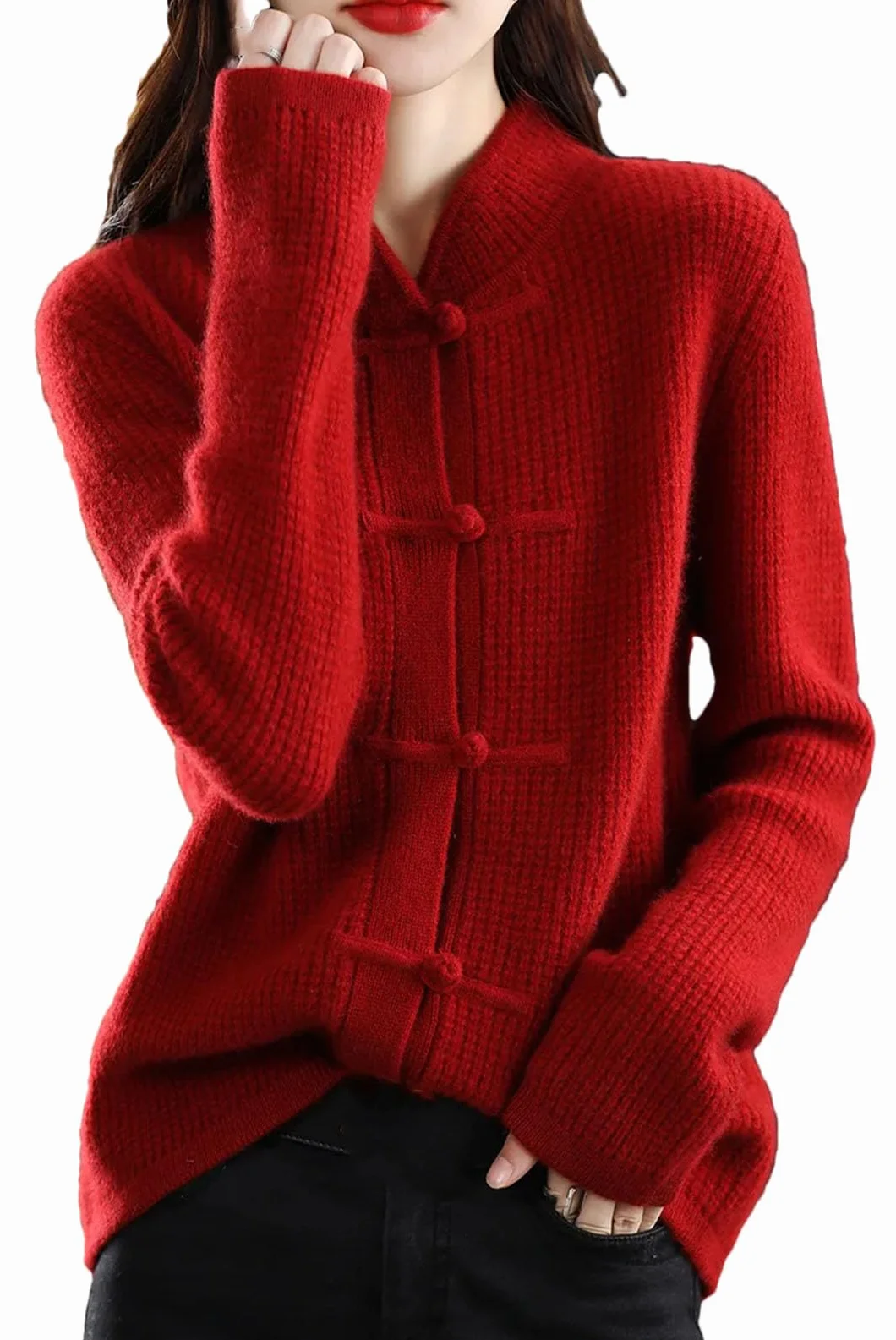 Alloaone Cárdigan de Lana para Mujer Chaqueta de Cachemira Tejida con Cuello Alto