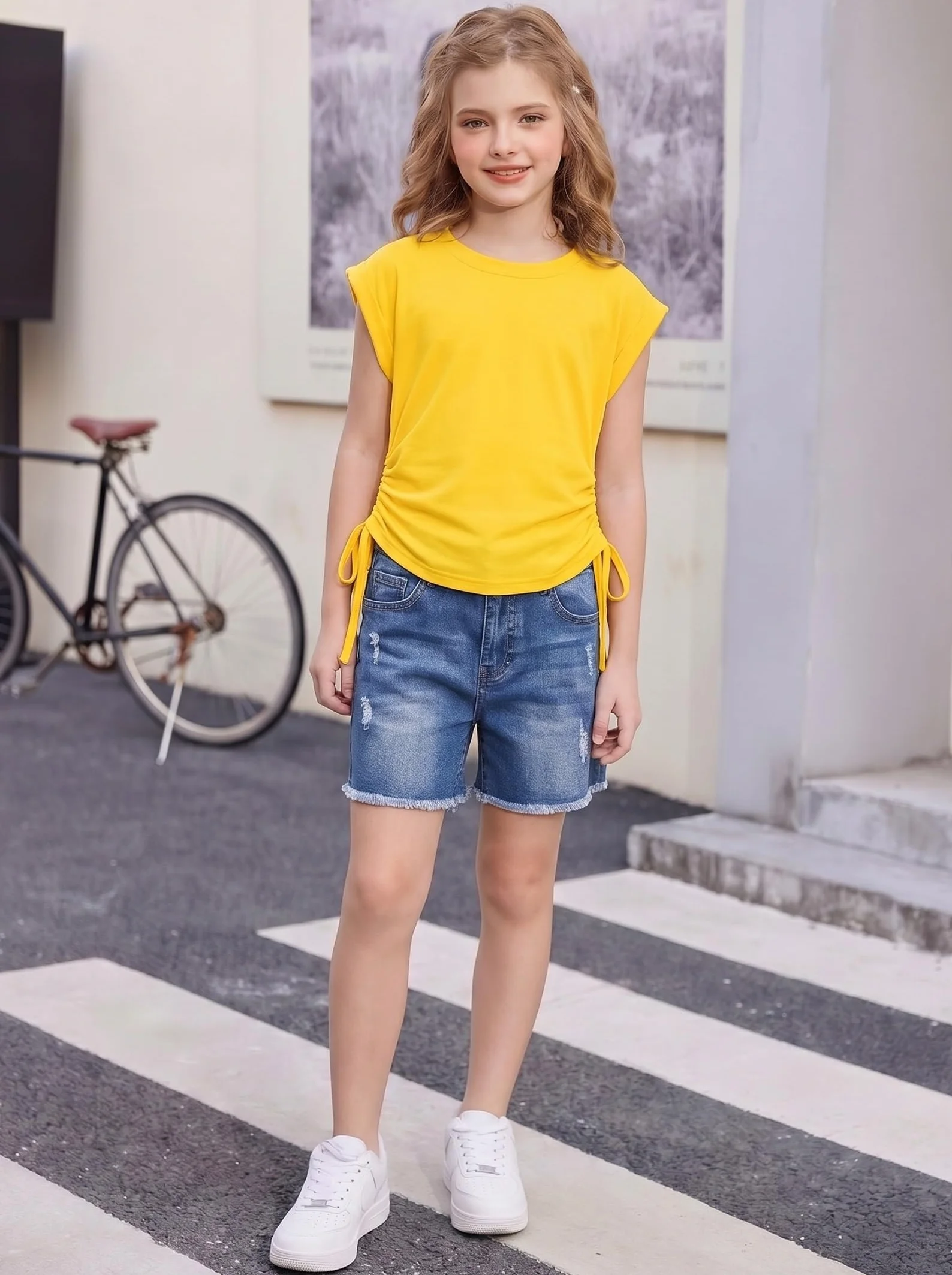 Arshiner Niñas Camisetas Manga Corta Extended Shoulder Niños Verano T-Shirt Algodón Cuello Redondo Manga Corta Shirt y Cordón para Niñas 6-14 Años