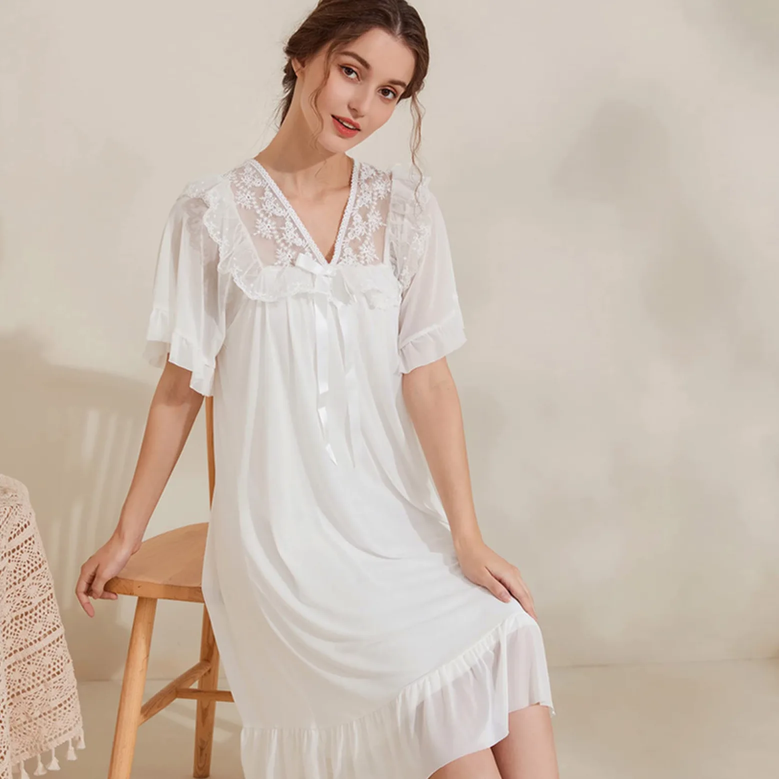 OFFSUM Camisón De Pijama De Mujer - Camisón De Princesa De Color Sólido Camisón De Verano con Lazo De Malla De Encaje Camisón De Dos Pisos Elegante Bordado Ropa De Casa Lencería