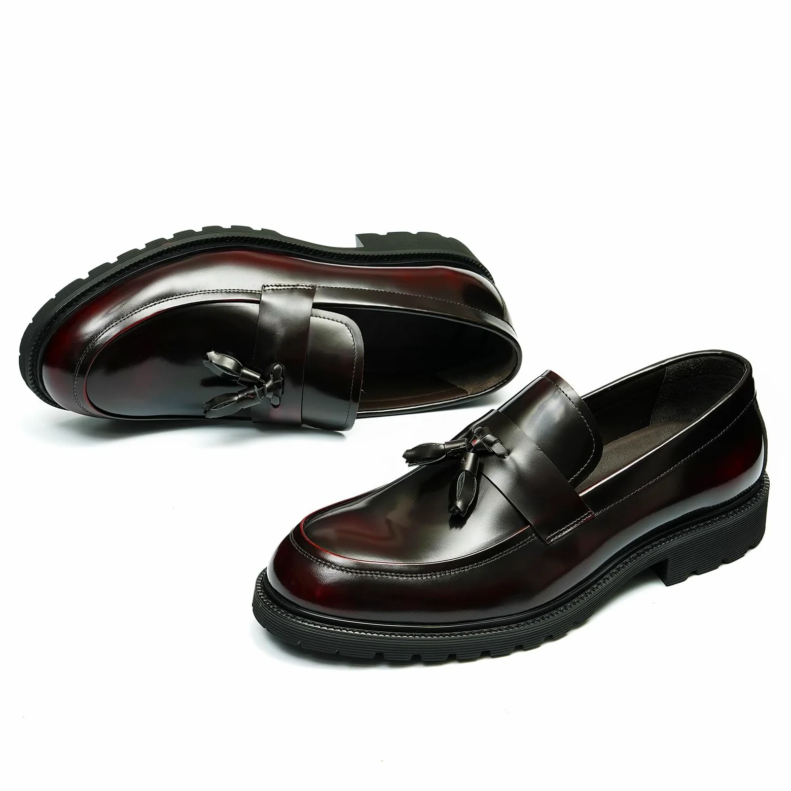 Loafers Cómodos Suela Gruesa y Borlas para Hombre Mocasines Formales Slip On Zapatos Bajos de Vestir Casuales en Cuero