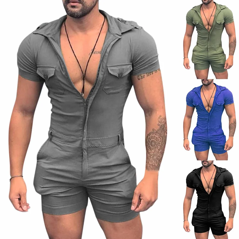 Mono de Manga Corta para Hombre Informal con Bolsillo Color Sólido Cremallera/Botón Una Pieza Verano
