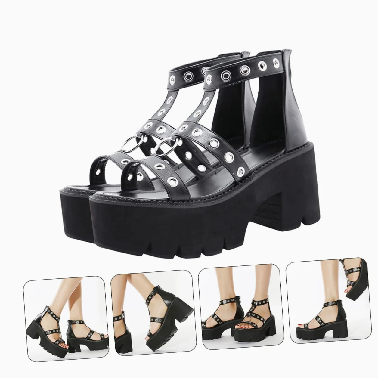 Sandalias Altas Con Plataforma Sandalias De Mujer Abiertas Antideslizantes De Tacón Alto Zapatos Tacones Negros Bien Portado Interior: Símil Piel Black